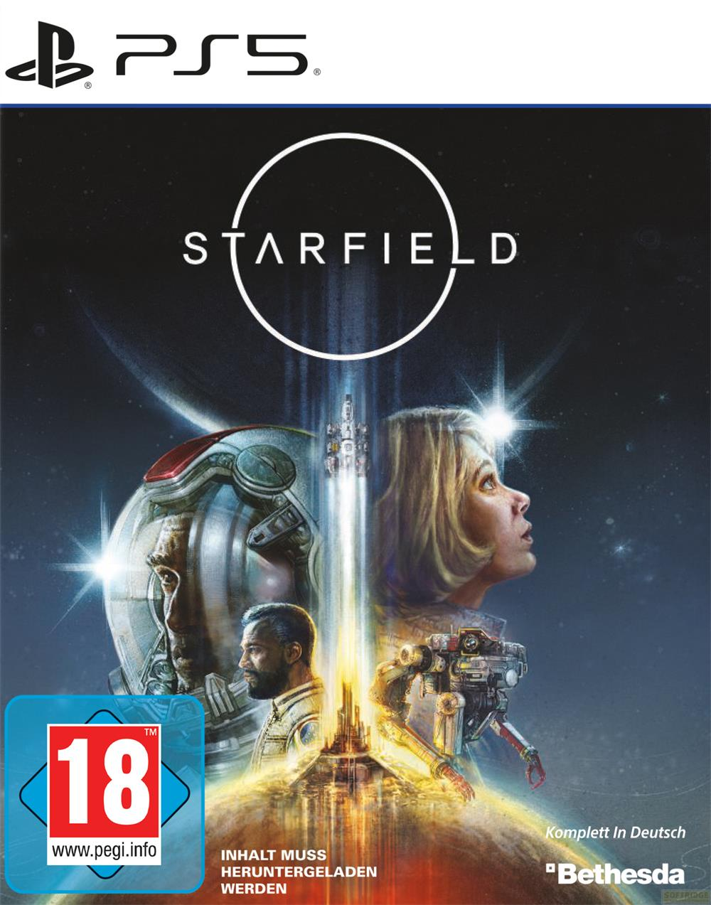 Starfield PS5 Cover: Astronauten, Weltraum, Sternenkarte, PEGI 18, Bethesda.