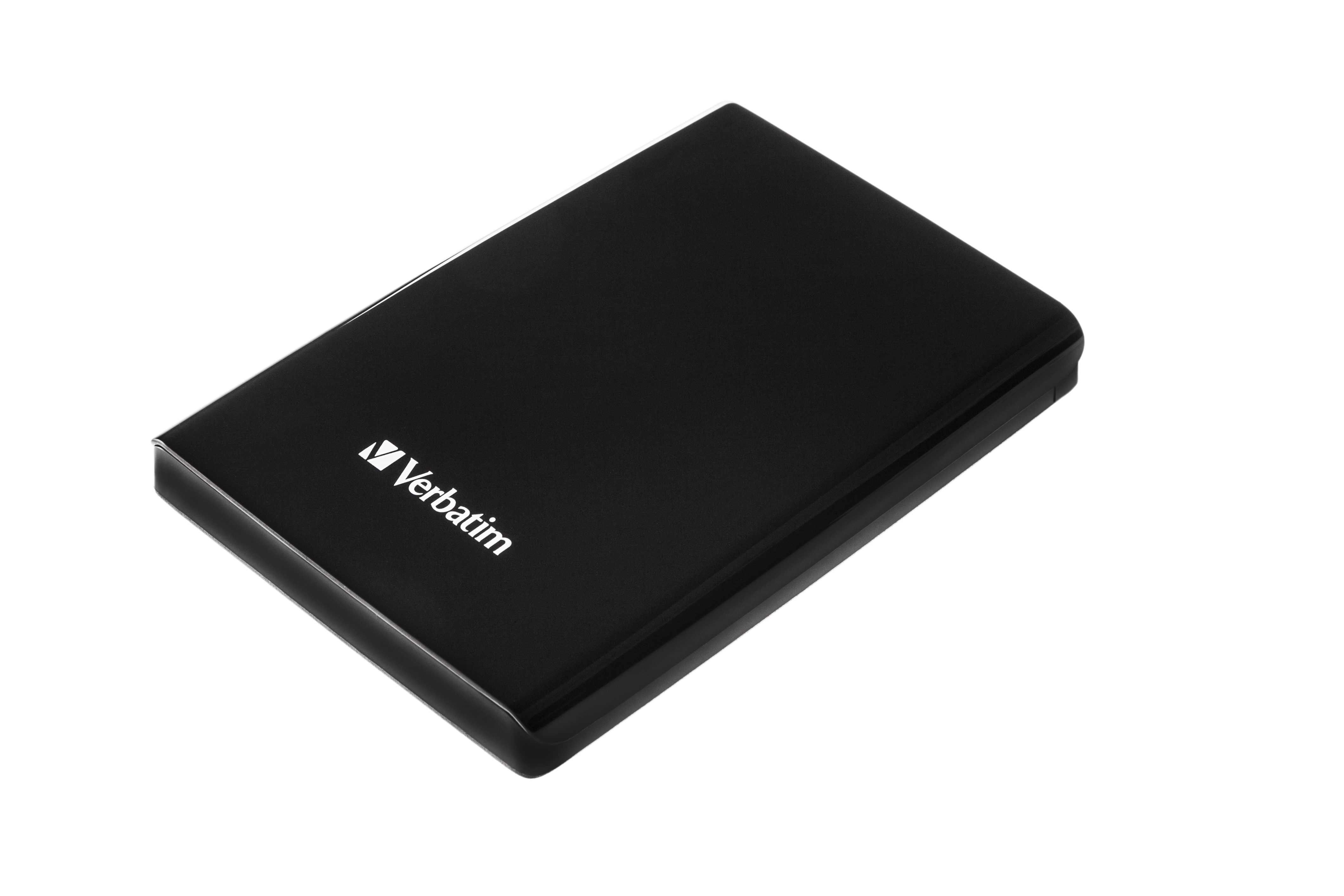 Black Verbatim external drive on a white background.