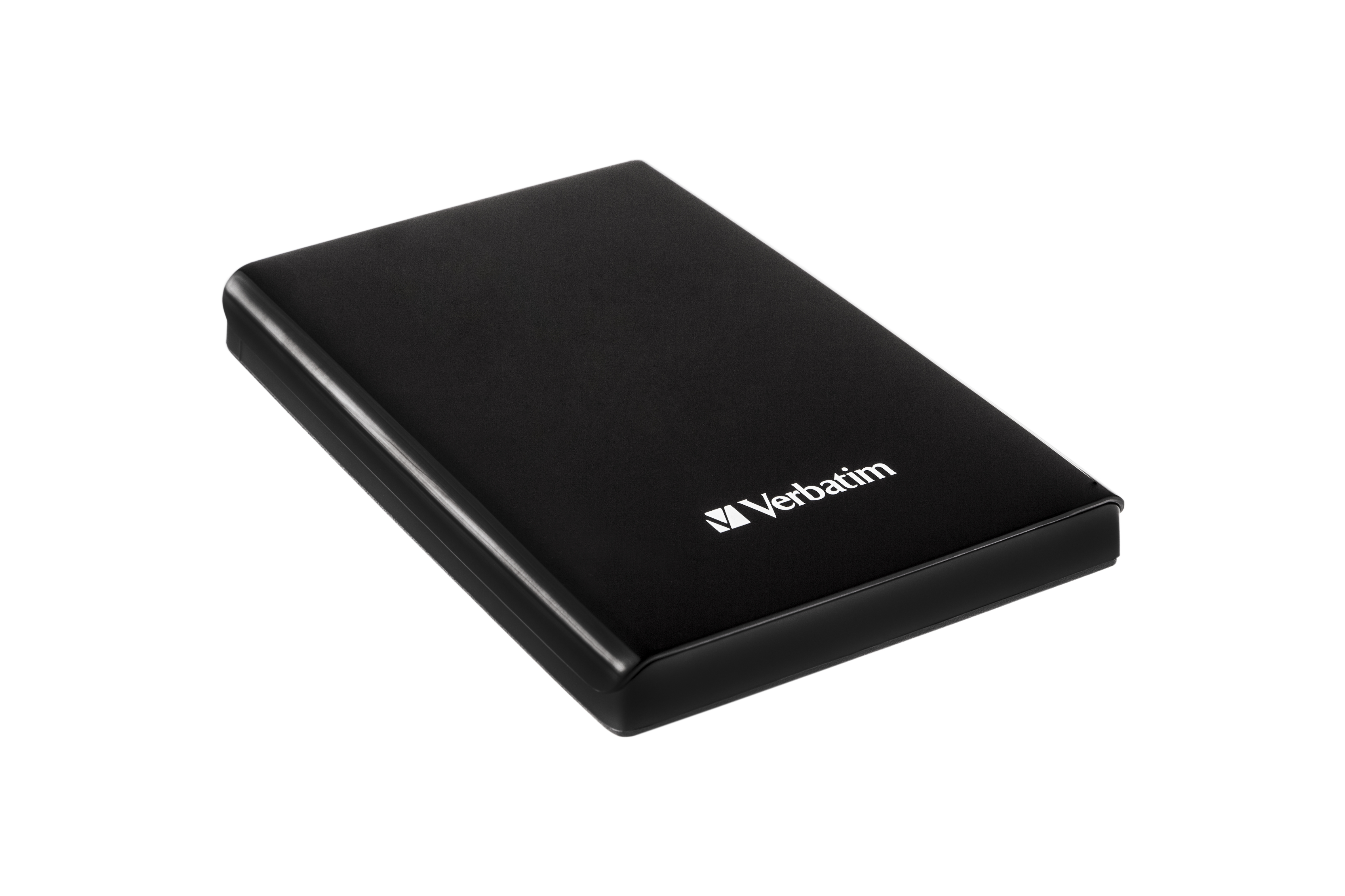 A sleek, black external hard drive enclosure with the Verbatim logo.