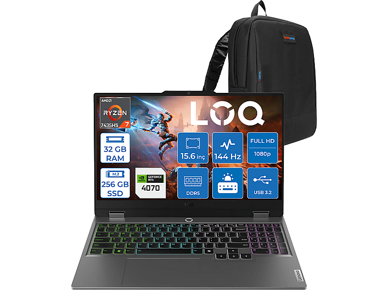 LENOVO Loq 15ARP9 4070 8 GB 115W FHD IPS 144Hz 83JC00FGTRF15 AMD Ryzen 7 7435HS 32 GB RAM 256 GB SSD 15,6 inç FreeDOS Laptop Gri