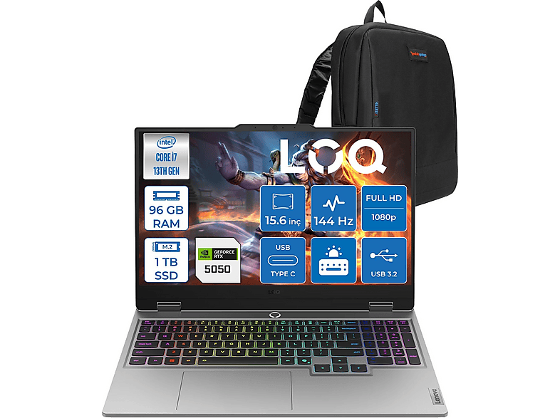 LENOVO Loq 15IRX10 DDR5 RTX5050 8 GB IPS W83JE00KKTRF44 Intel Core i7-13700HX 96 GB RAM 1 TB SSD 15,6 inç FreeDOS Laptop+Çanta Gri