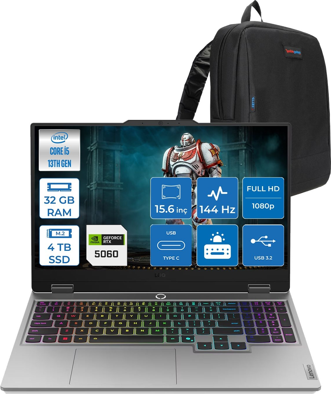 Intel Core i5, 32 GB RAM, 4 TB SSD ve RTX 5060 özellikli dizüstü bilgisayar, siyah sırt çantası.