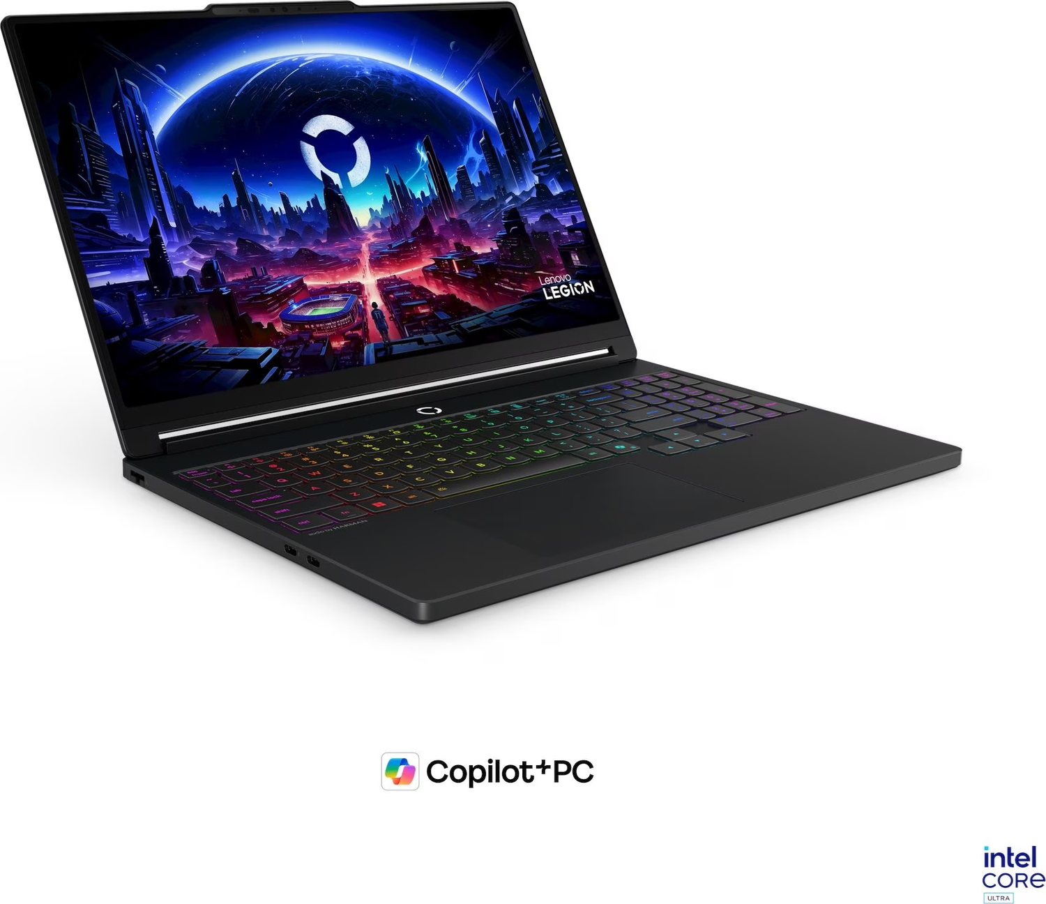 Renkli arka aydınlatmalı klavyeli ve fütüristik duvar kağıtlı siyah Lenovo Legion dizüstü bilgisayar.