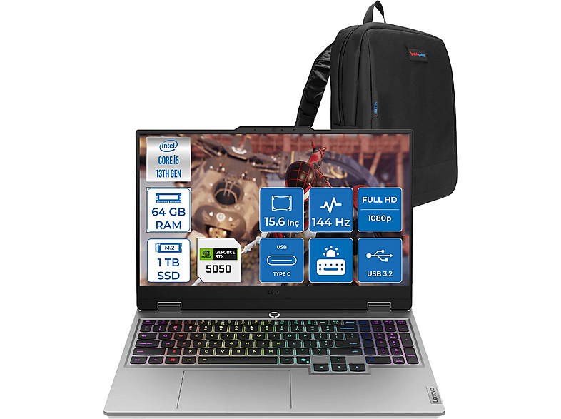 LENOVO LOQ DDR5 8GB/RTX5050/100 W IPS 83JE00JLTRF22 Intel® Core™ i5-13450HX 64 GB RAM 1 TB SSD 15,6 inç FreeDOS Laptop+Çanta Gri