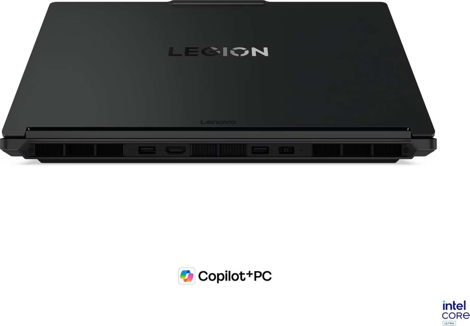 LEGION ve Lenovo yazılı siyah dizüstü bilgisayar. Arkada görünen bağlantı noktaları.