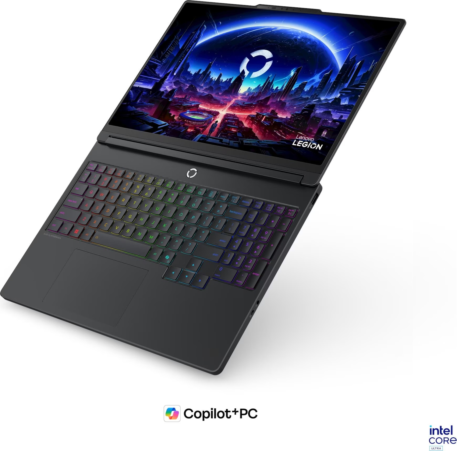 Arkadan aydınlatmalı klavyeli ve fütüristik duvar kağıtlı açık siyah Lenovo Legion oyun dizüstü bilgisayarı.