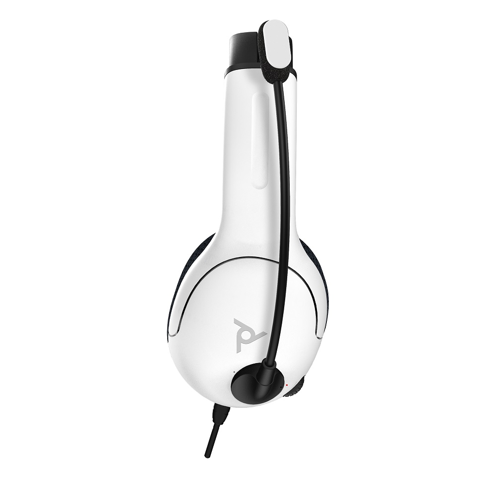 Ein weißes Headset mit Mikrofon, auf weißem Hintergrund.