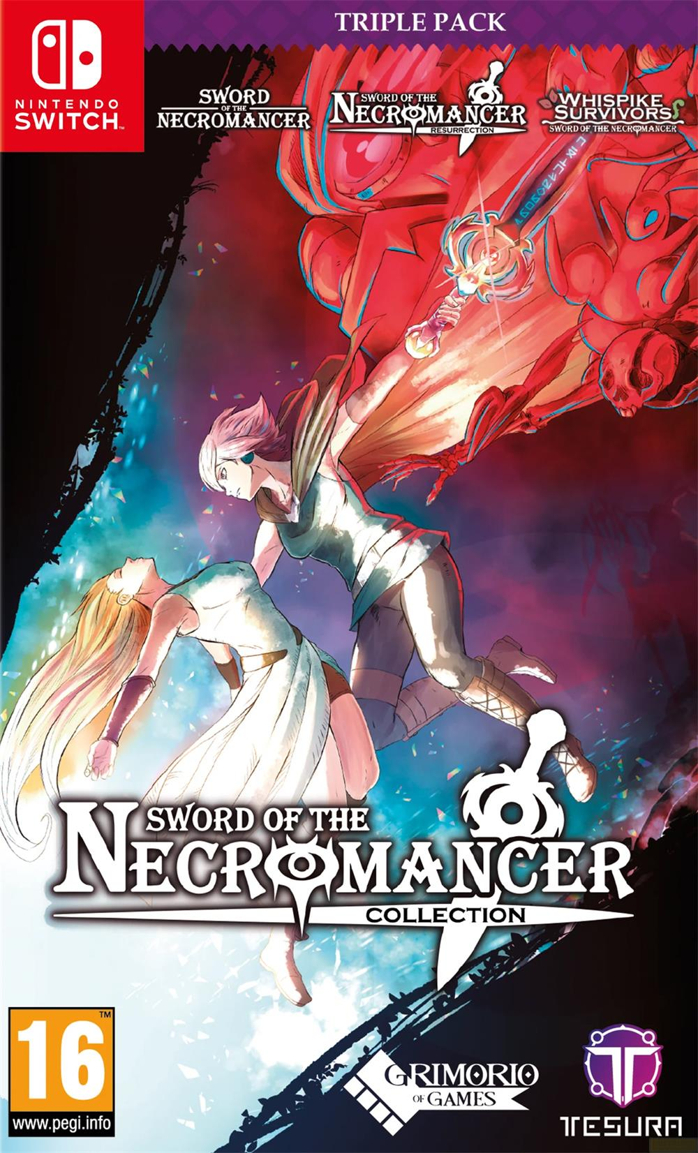 Copertina di gioco con due donne che combattono un demone rosso.