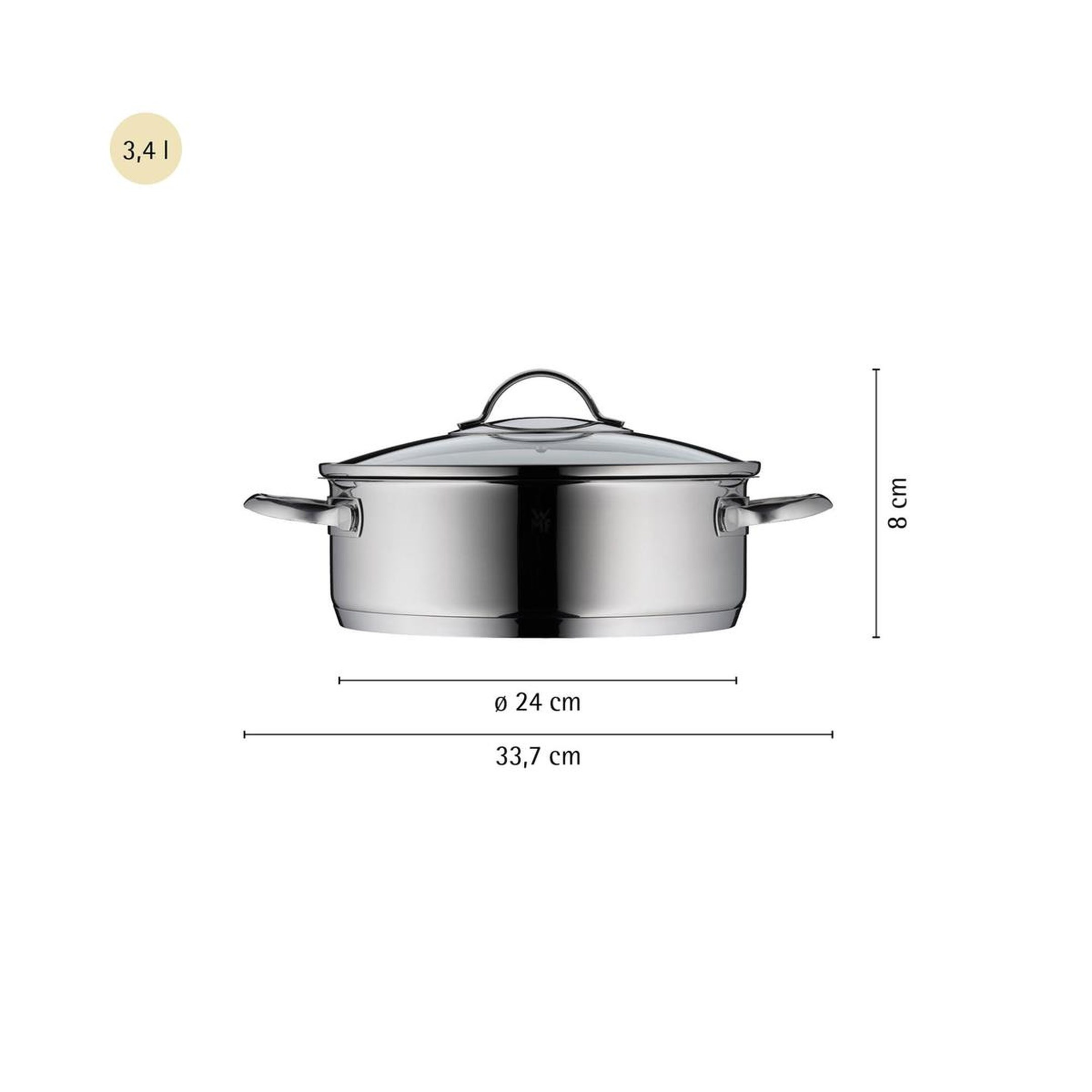 Cam kapaklı paslanmaz çelik tencere, 3,4L, 24cm çap, 8cm yükseklik.
