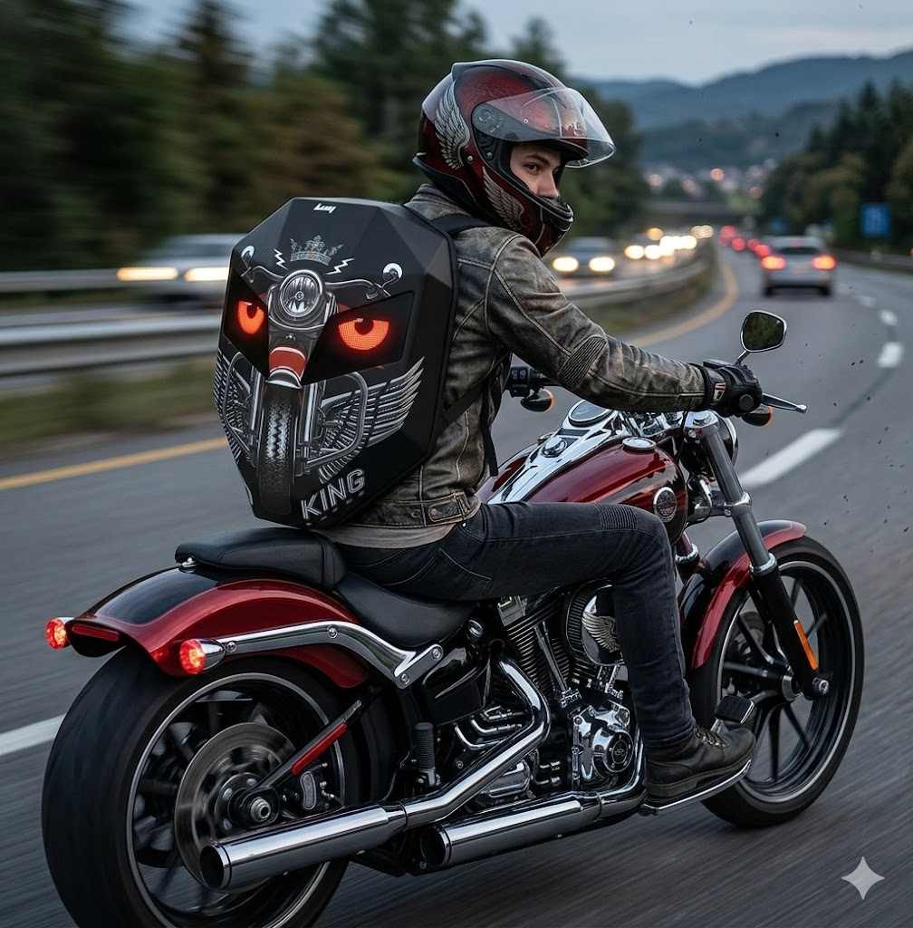 Kasklı ve sırt çantalı bir motosikletçi alacakaranlıkta otoyolda gidiyor.