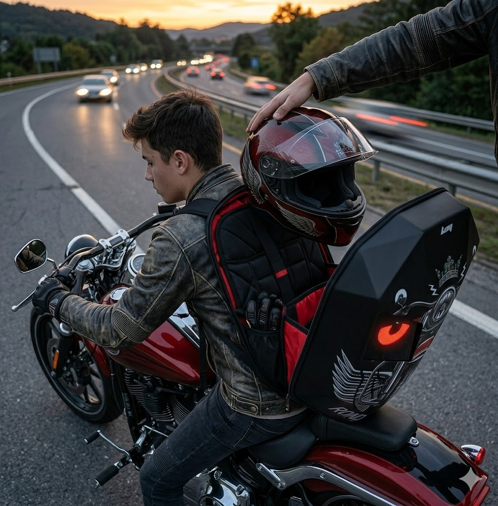 Kırmızı motosikletteki genç adam deri ceket ve sırt çantası giyiyor. Kask sırt çantasının üzerinde duruyor.
