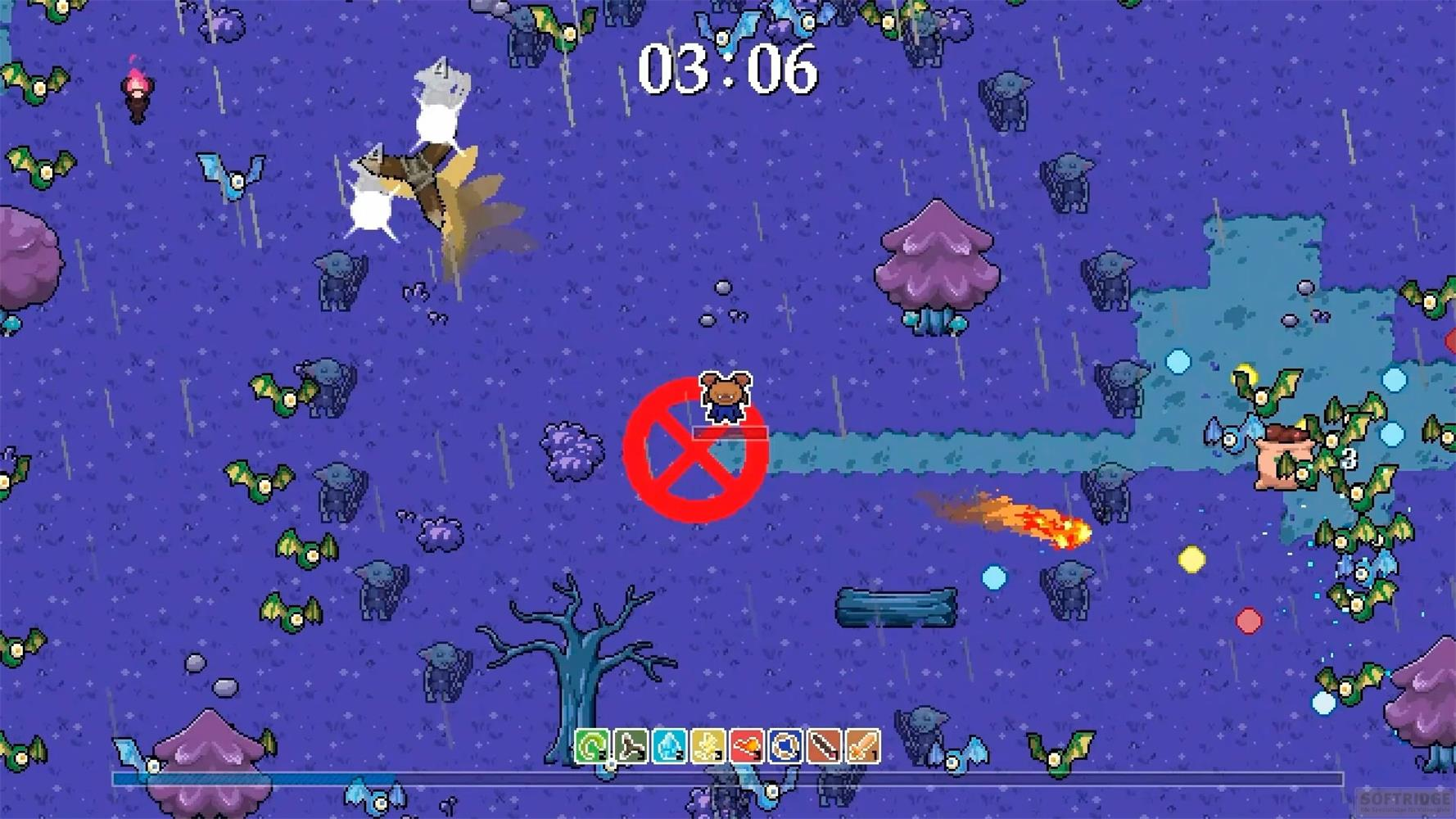 Scena di gioco pixelata con un orso, pipistrelli e un timer a 03:06.