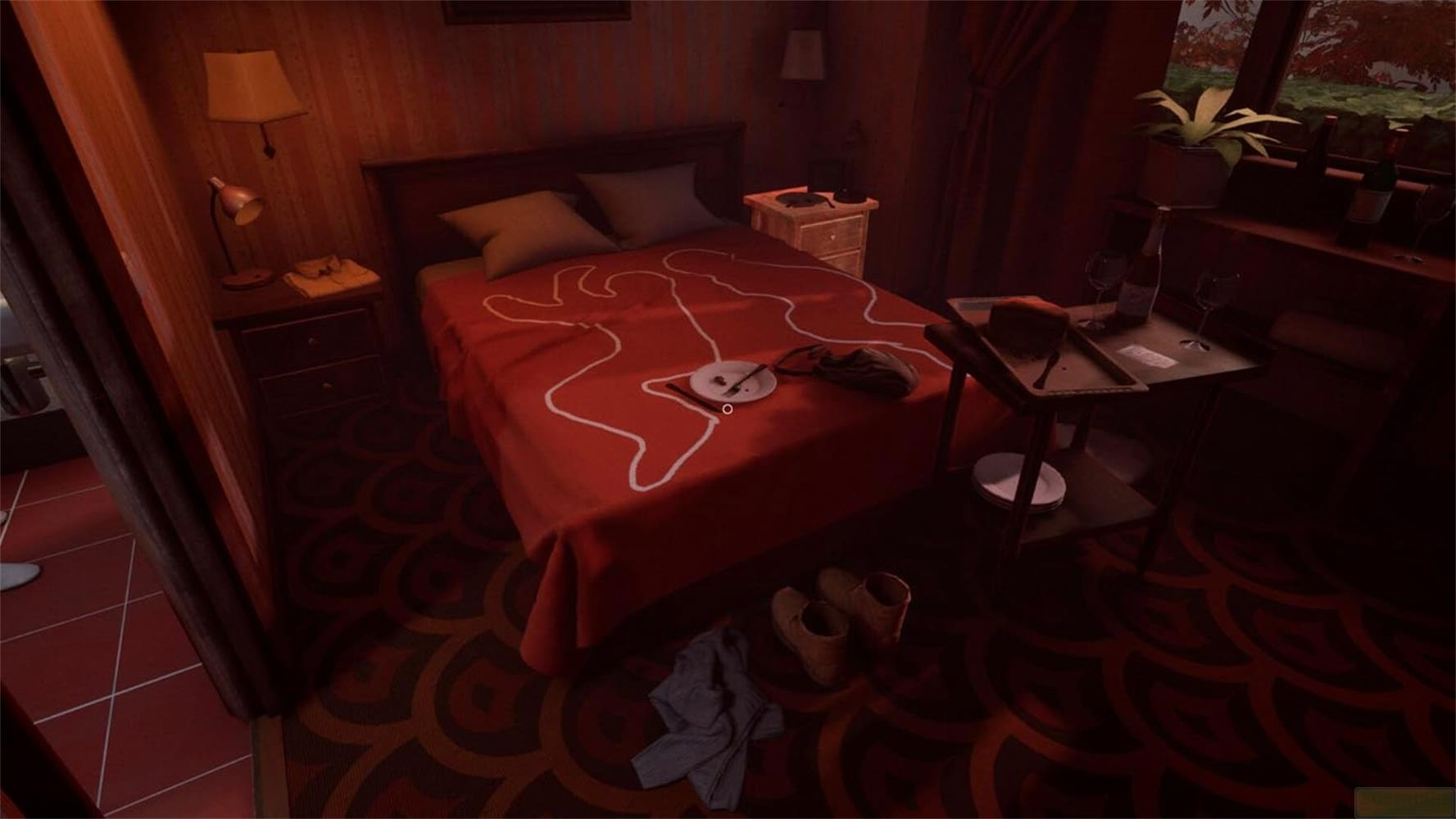 Una camera da letto con letto rosso con contorno a gesso bianco, comodino e finestra.