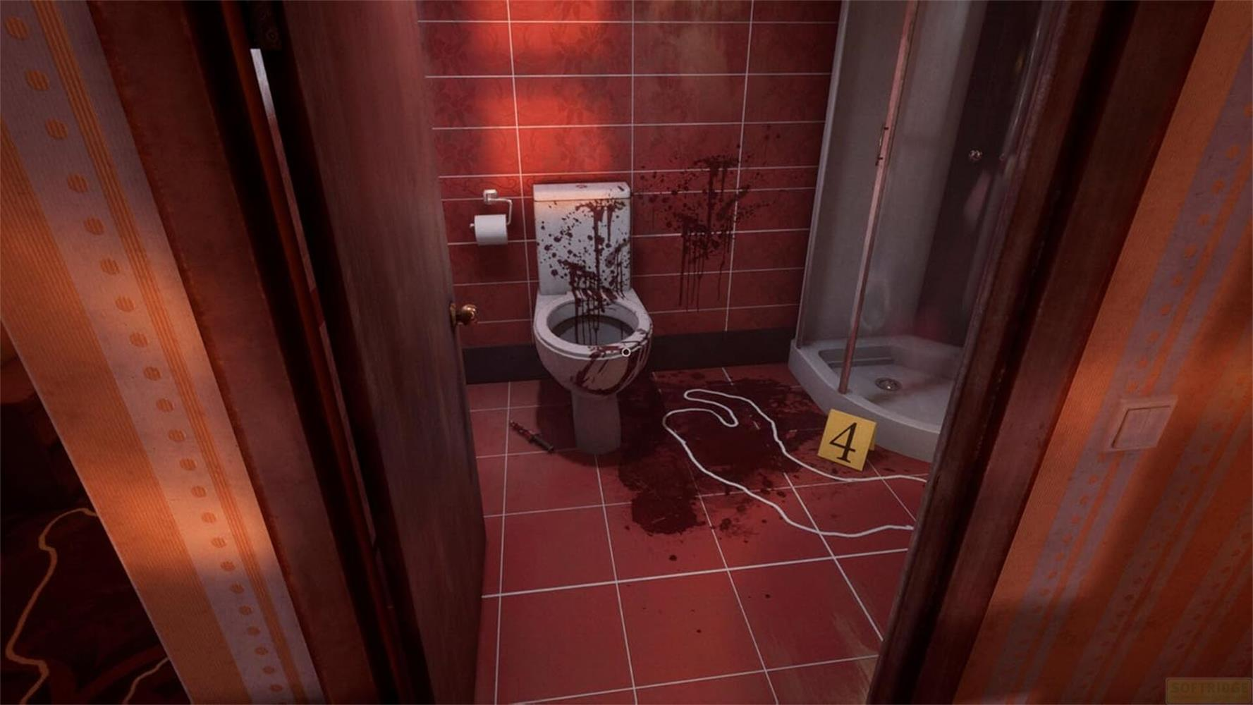 Un bagno con piastrelle rosse, WC macchiato e macchie di sangue.