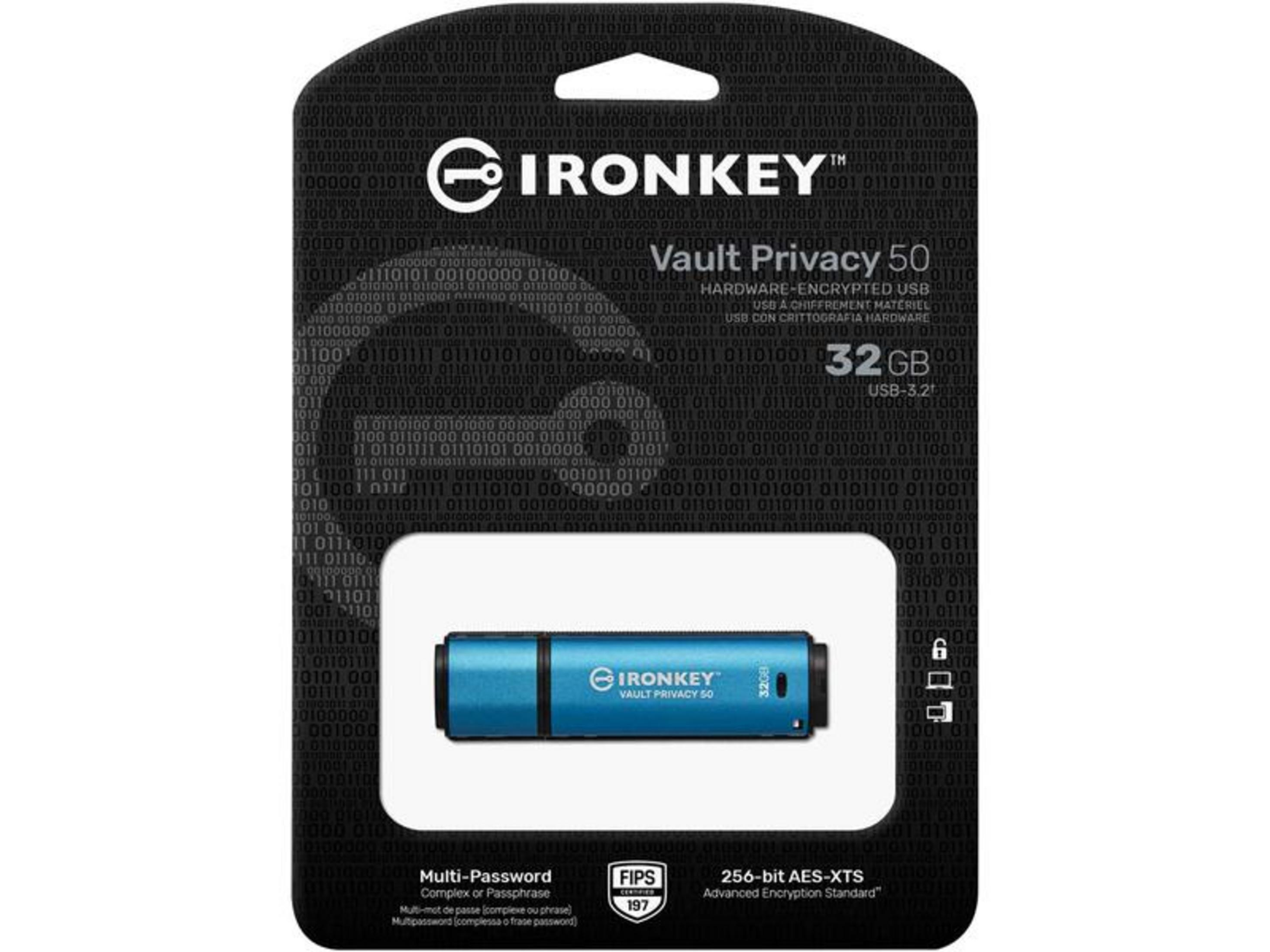Blauer USB-Stick von IronKey Vault Privacy 50 mit 32GB Speicherkapazität.