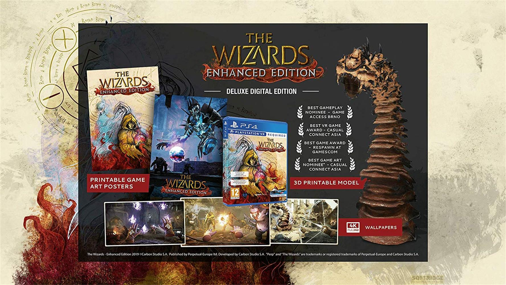 Werbung für das Spiel 'The Wizards Enhanced Edition' mit Game-Covern, Screenshots und Auszeichnungen.