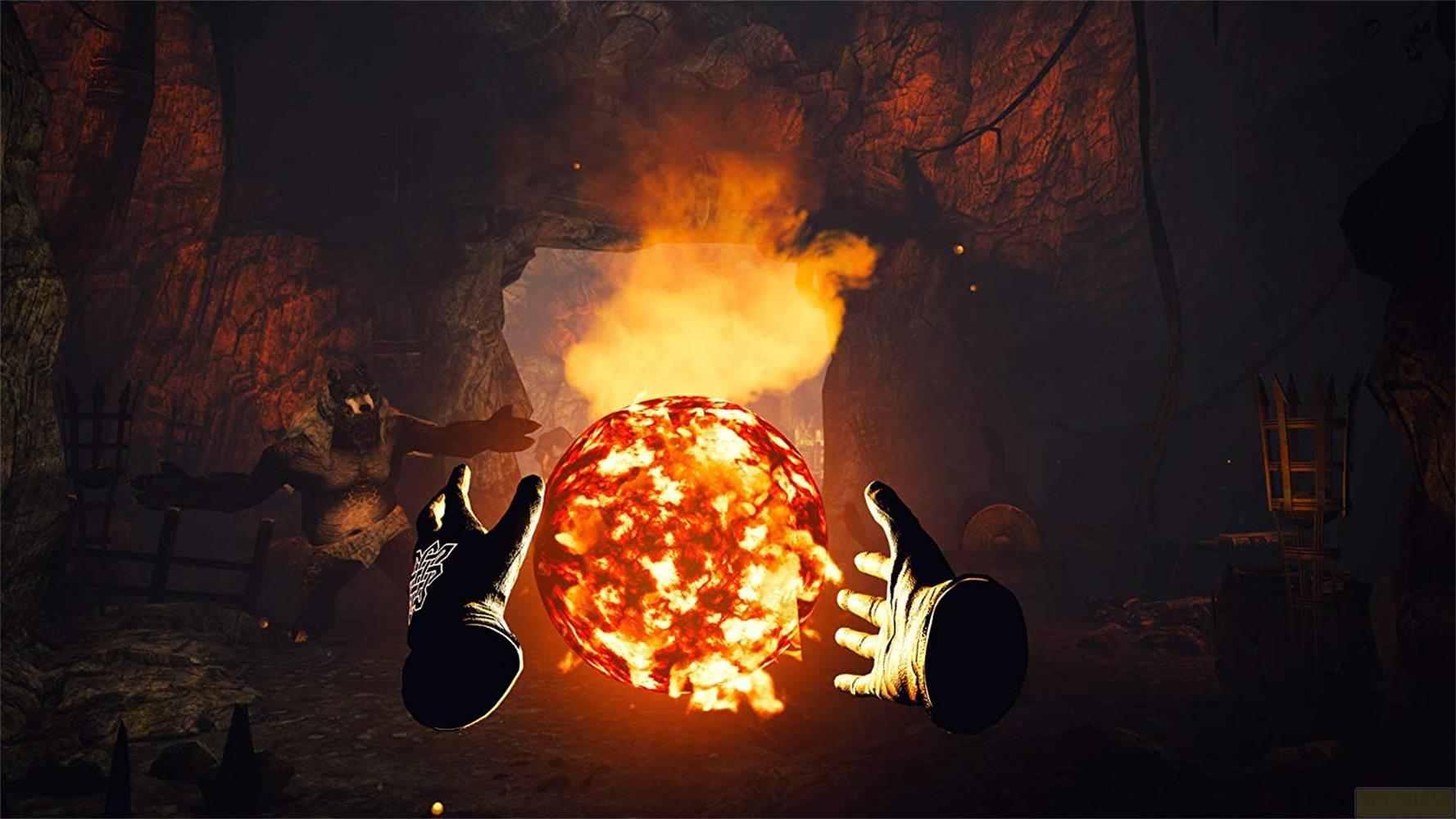 Zwei behandschuhte Hände halten eine leuchtende sonnenähnliche Kugel in einer dunklen, felsigen Höhle mit einer Bestie dahinter.