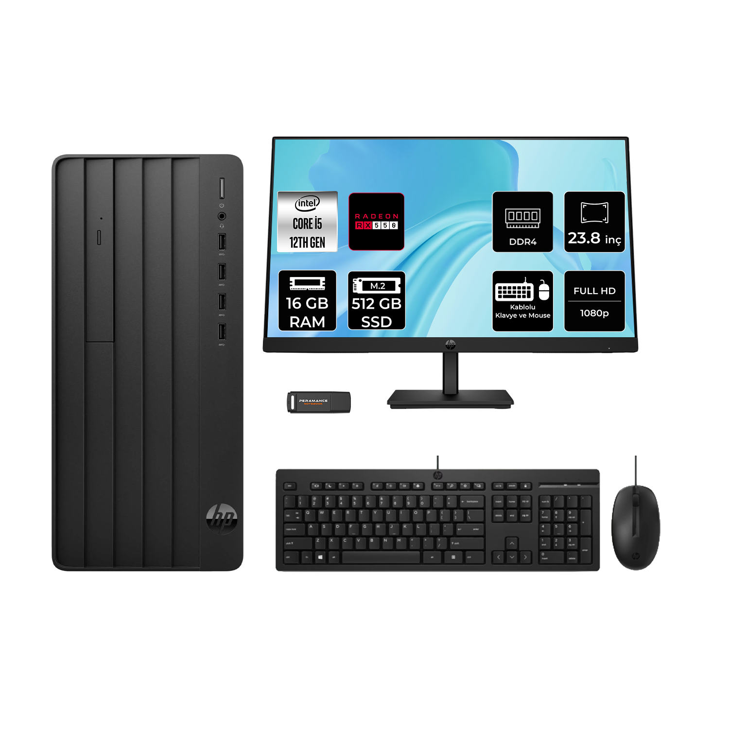 HP Pro Tower 290 G9 RX550/4GB 23.8" PER4 Bellek B70VDATPN589 Intel Core i5 12500 16 GB RAM 512 GB SSD FreeDOS Masaüstü Bilgisayar