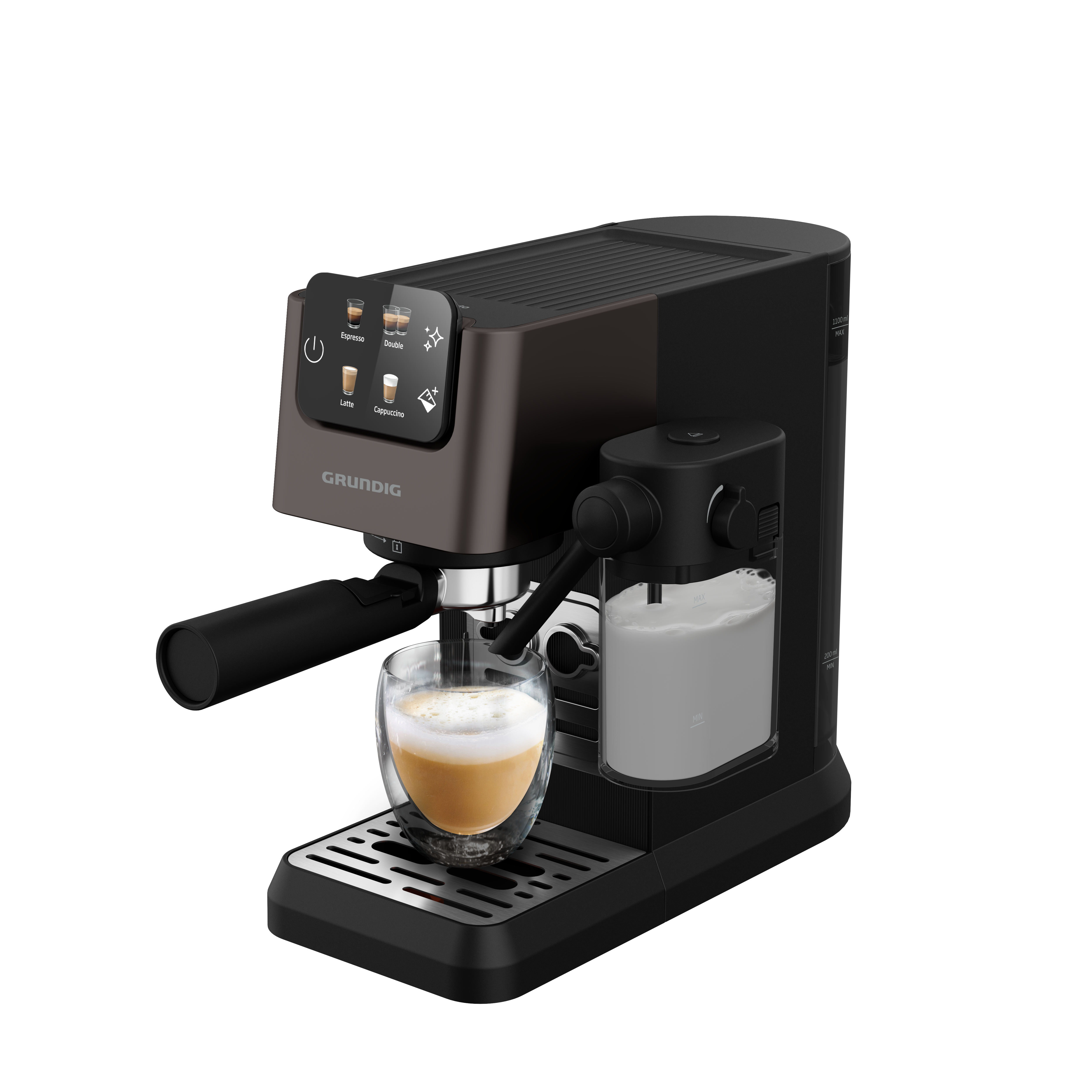 Eine schwarze Espressomaschine mit Milchbehälter und einem Glas Cappuccino.
