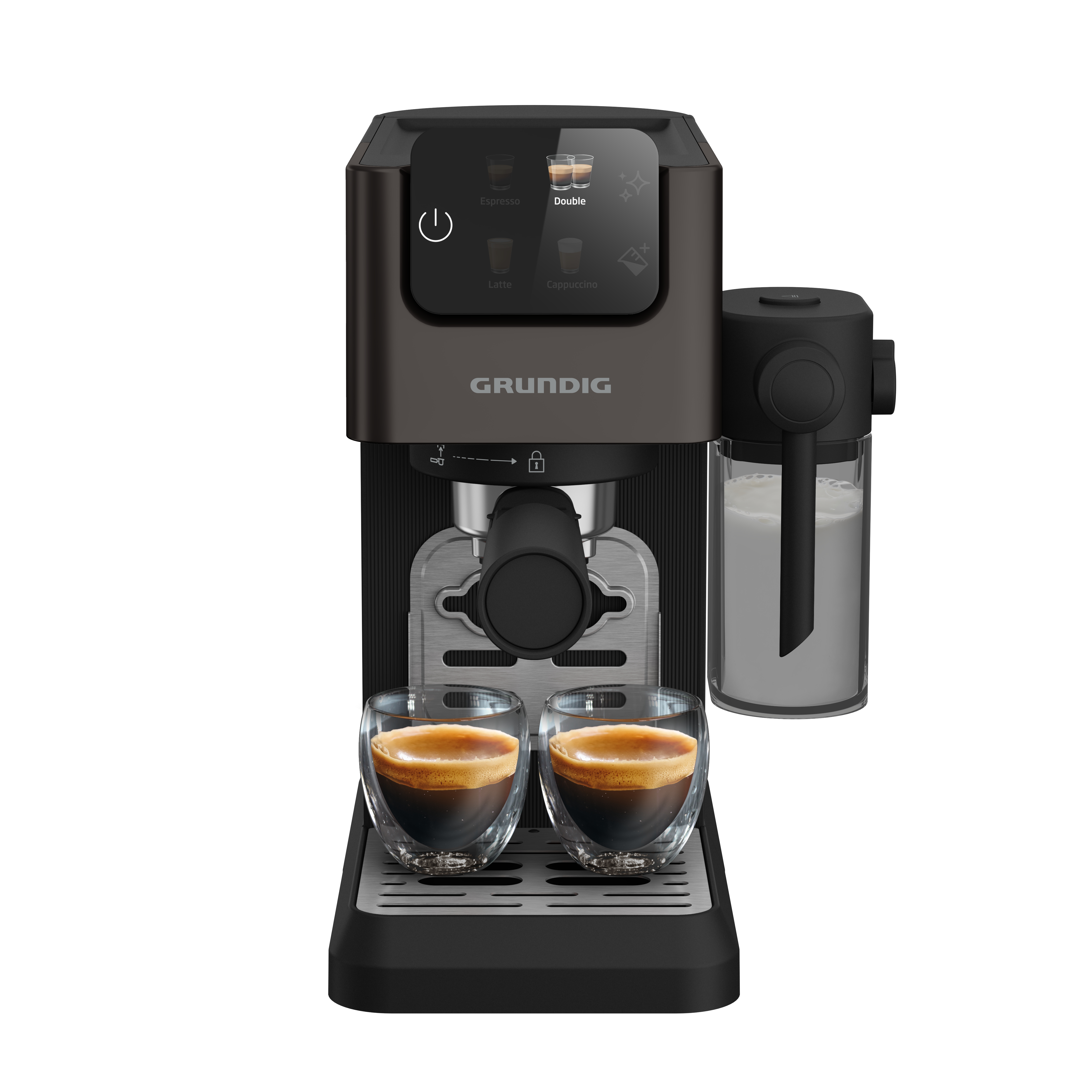 Grundig Espressomaschine mit zwei Espressogläsern und Milchaufschäumer.