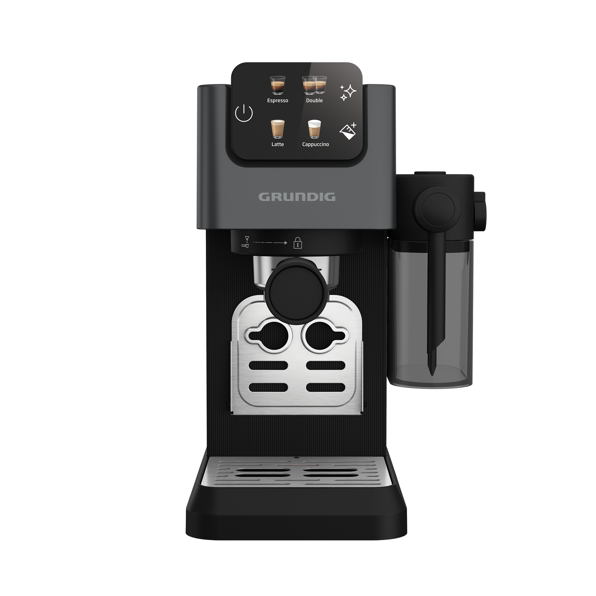 Eine graue Grundig Espressomaschine mit Milchaufschäumer und Touchscreen-Bedienfeld.