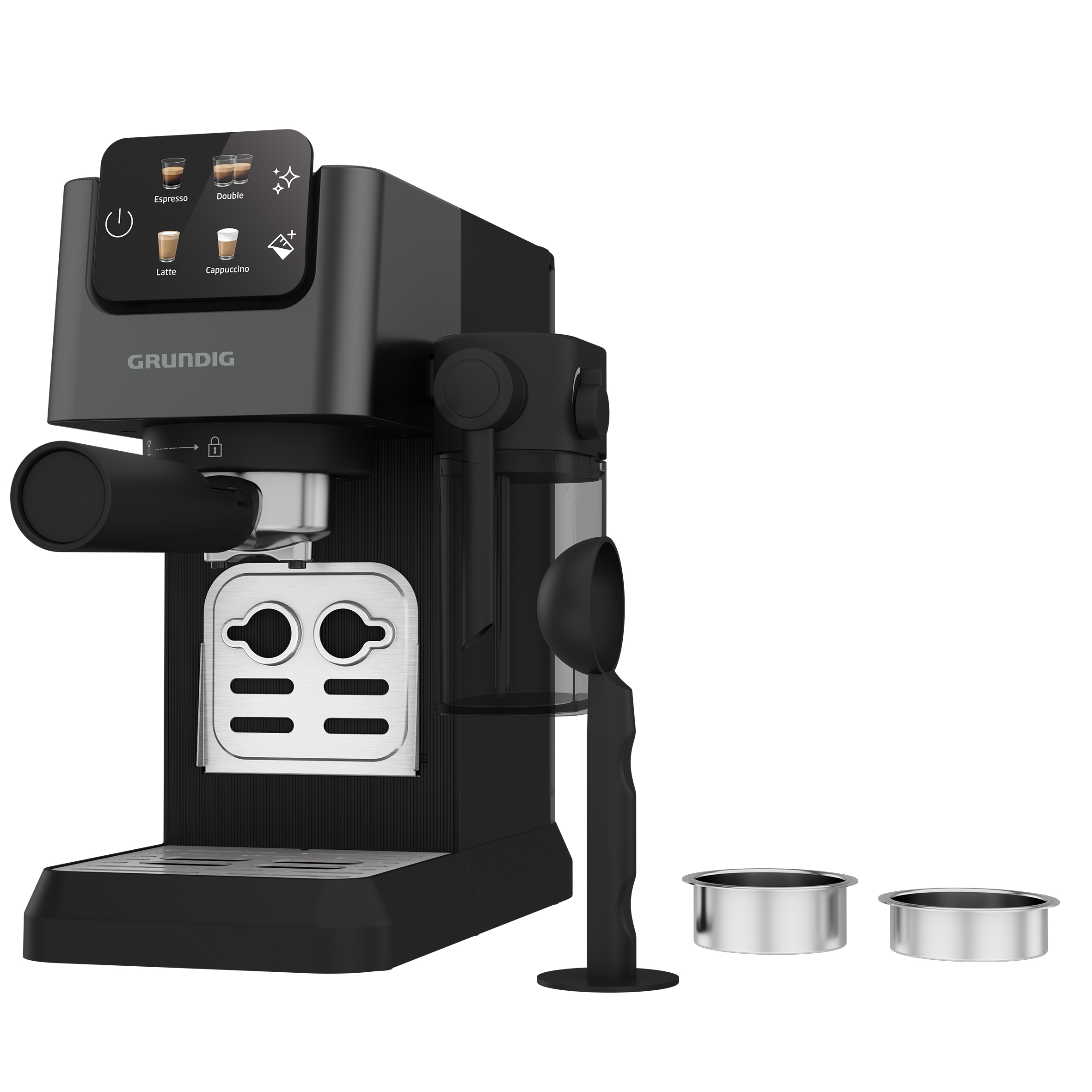 Eine schwarze Grundig Espressomaschine mit Touchscreen-Display und zwei Siebträgern.