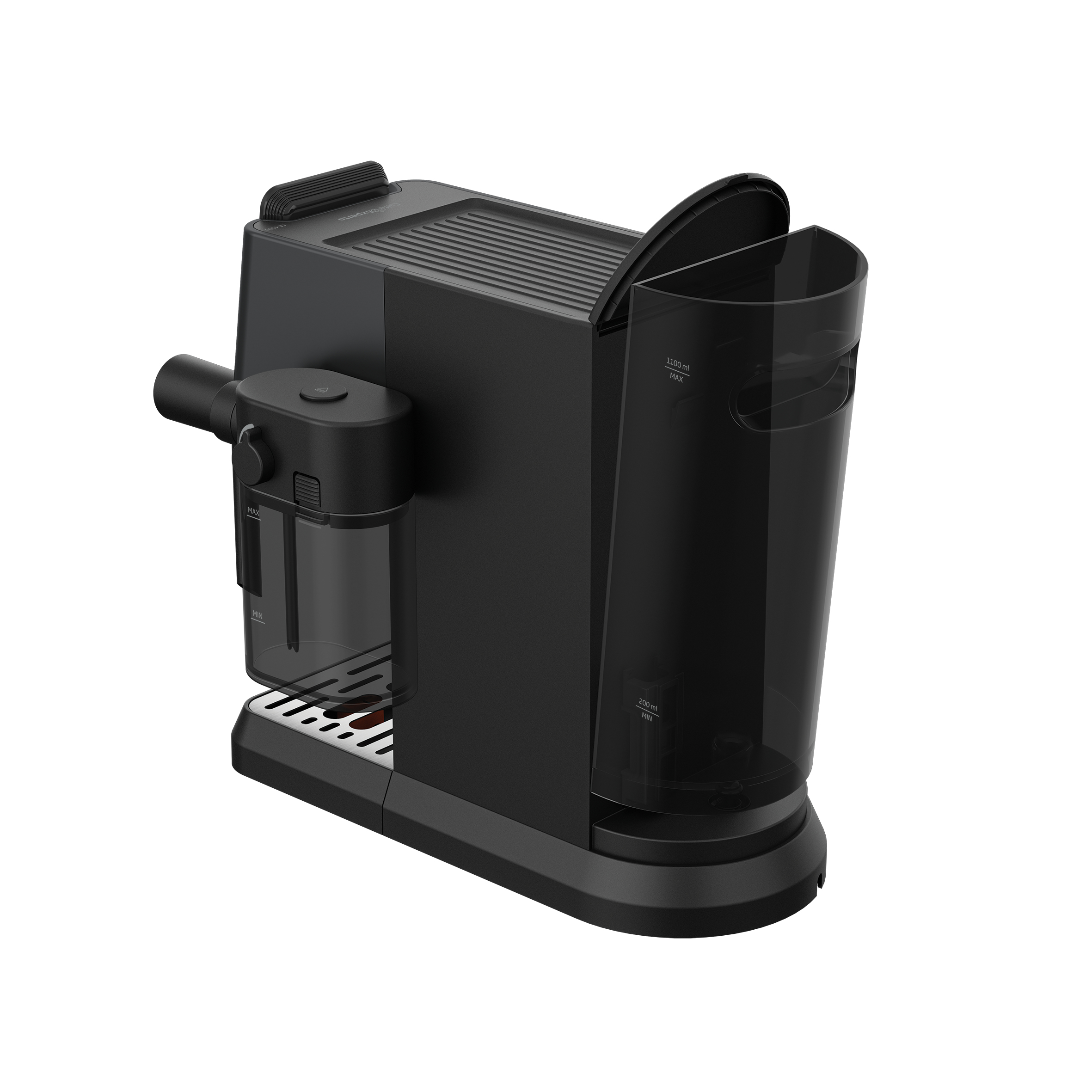 Schwarze Kapselkaffeemaschine mit transparentem Wassertank und Tropfschale.