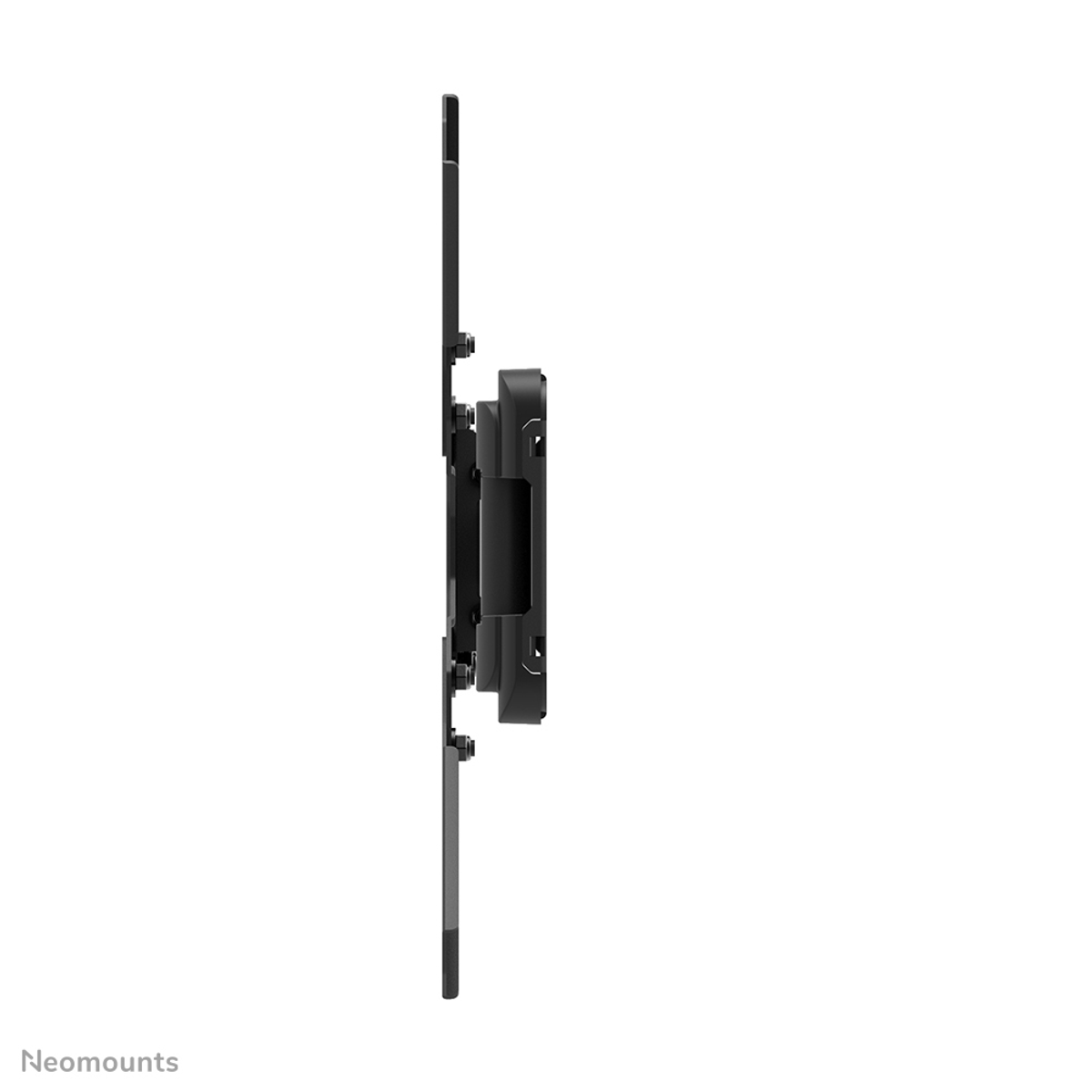 Supporto da parete TV nero di profilo su sfondo bianco.