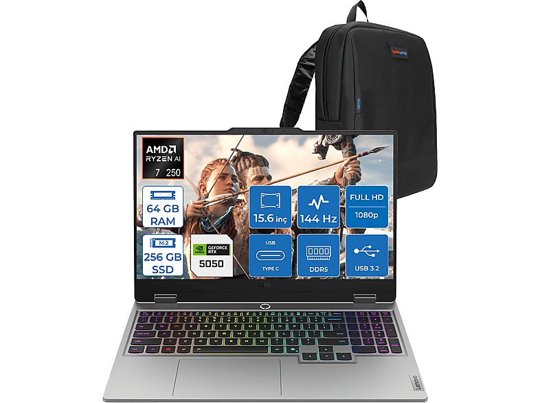 LENOVO Loq 15AHP10 DDR5 RTX5050 8 GB IPS 83JG006ATRF36 AMD Ryzen 7 250 64 GB RAM 256 GB SSD 15,6 inç FreeDOS Laptop+Çanta Gri