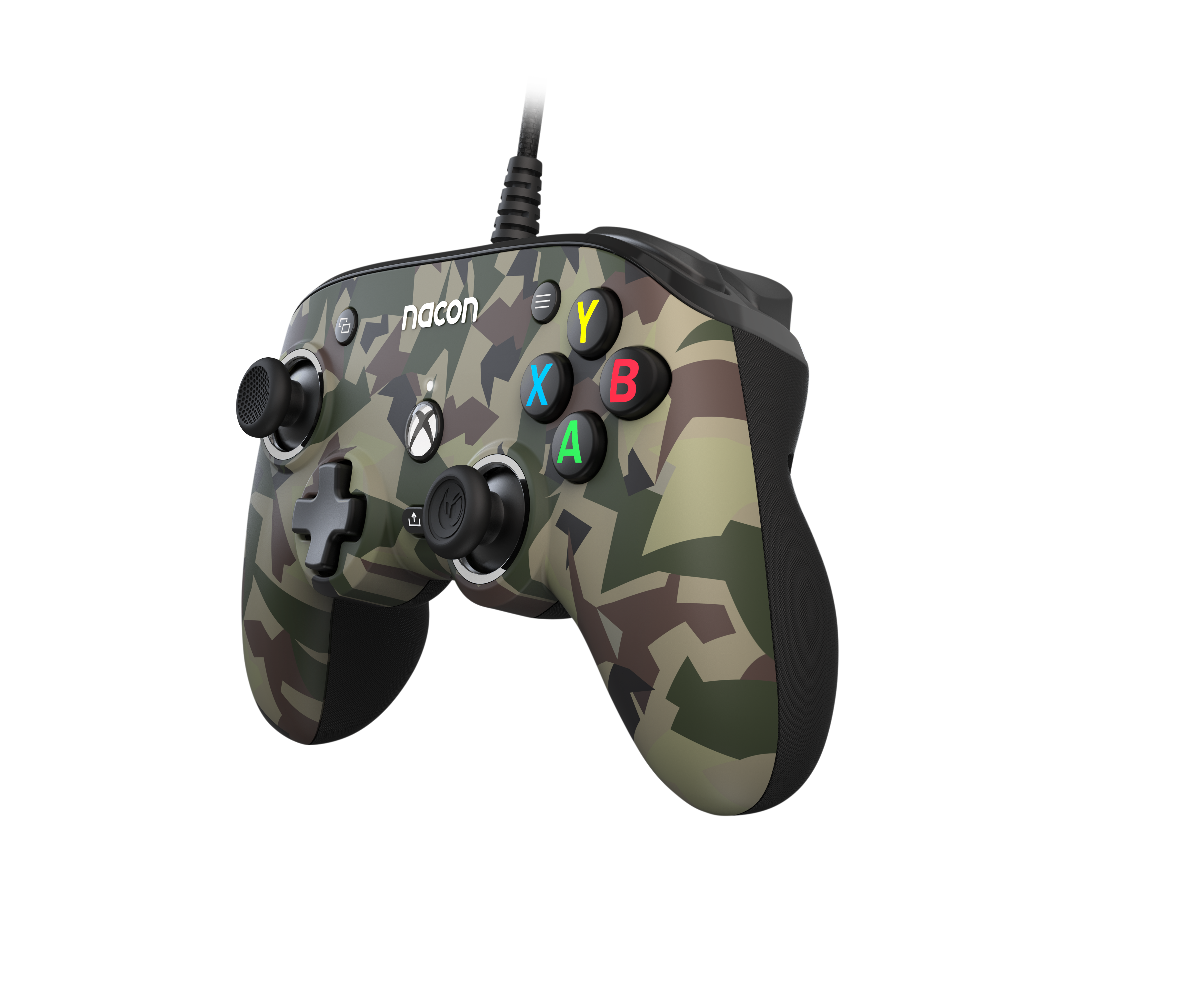 Kontroler w kamuflażu z czarno-zielonymi wzorami i kolorowymi przyciskami.