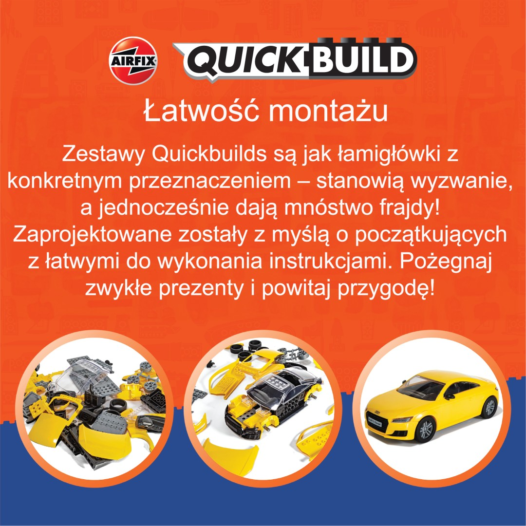Zdjęcia żółto-czarnych zestawów modeli samochodów Airfix Quick Build.