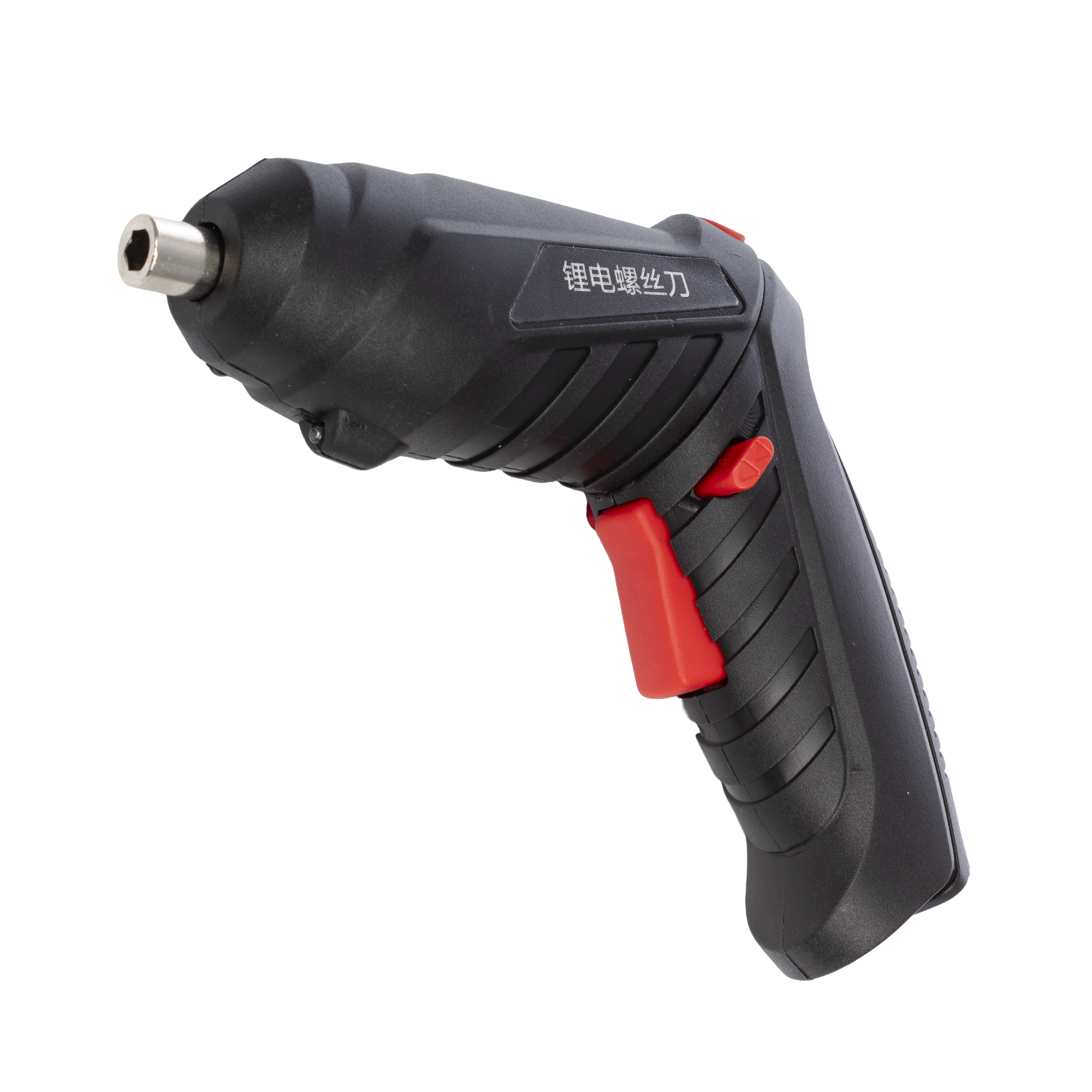 Avvitatore elettrico nero con impugnatura e grilletto rossi, isolato su bianco.
