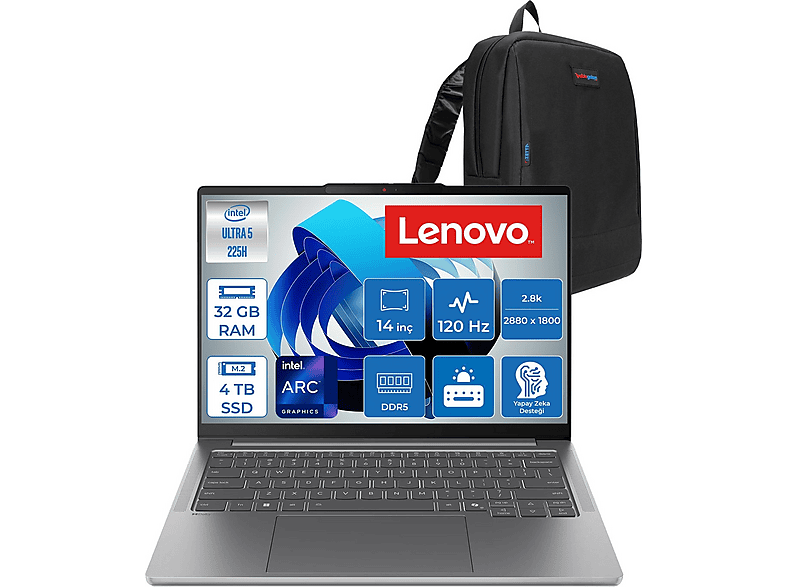LENOVO IdeaPad Pro 5 2.8K OLED 1100nits 120Hz 83JK002BTRF12 Intel® Core™ Ultra 5 225H 32 GB RAM 4 TB SSD 14 inç FreeDOS Laptop+Çanta Gri