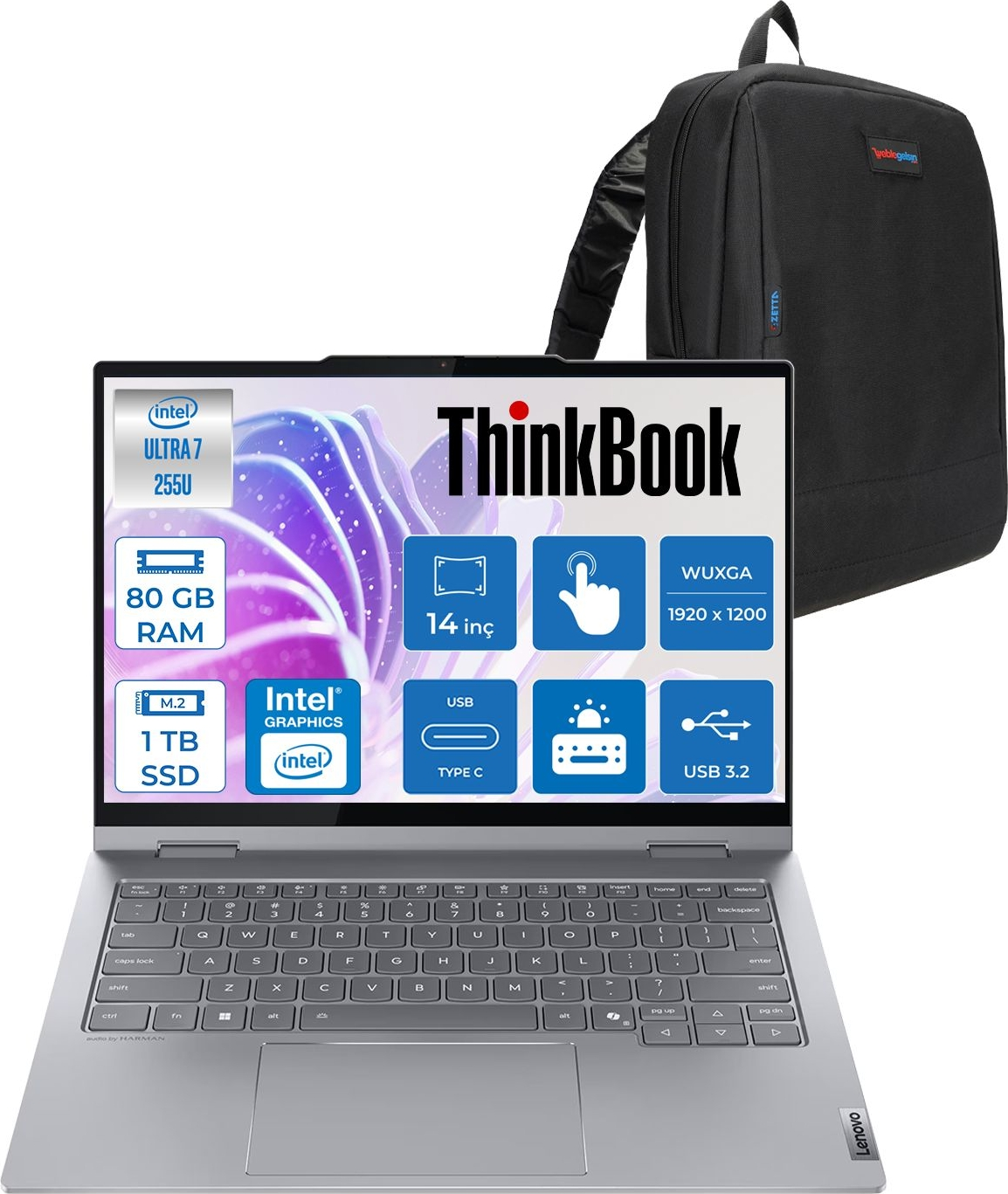 LENOVO ThinkBook 14 2'si 1 Arada G5 IAU Touch NP21SQ002TTXF45 Intel Core Ultra 7 255U 80 GB RAM 1 TB SSD 14 inç FreeDOS Laptop+Çanta Gri
