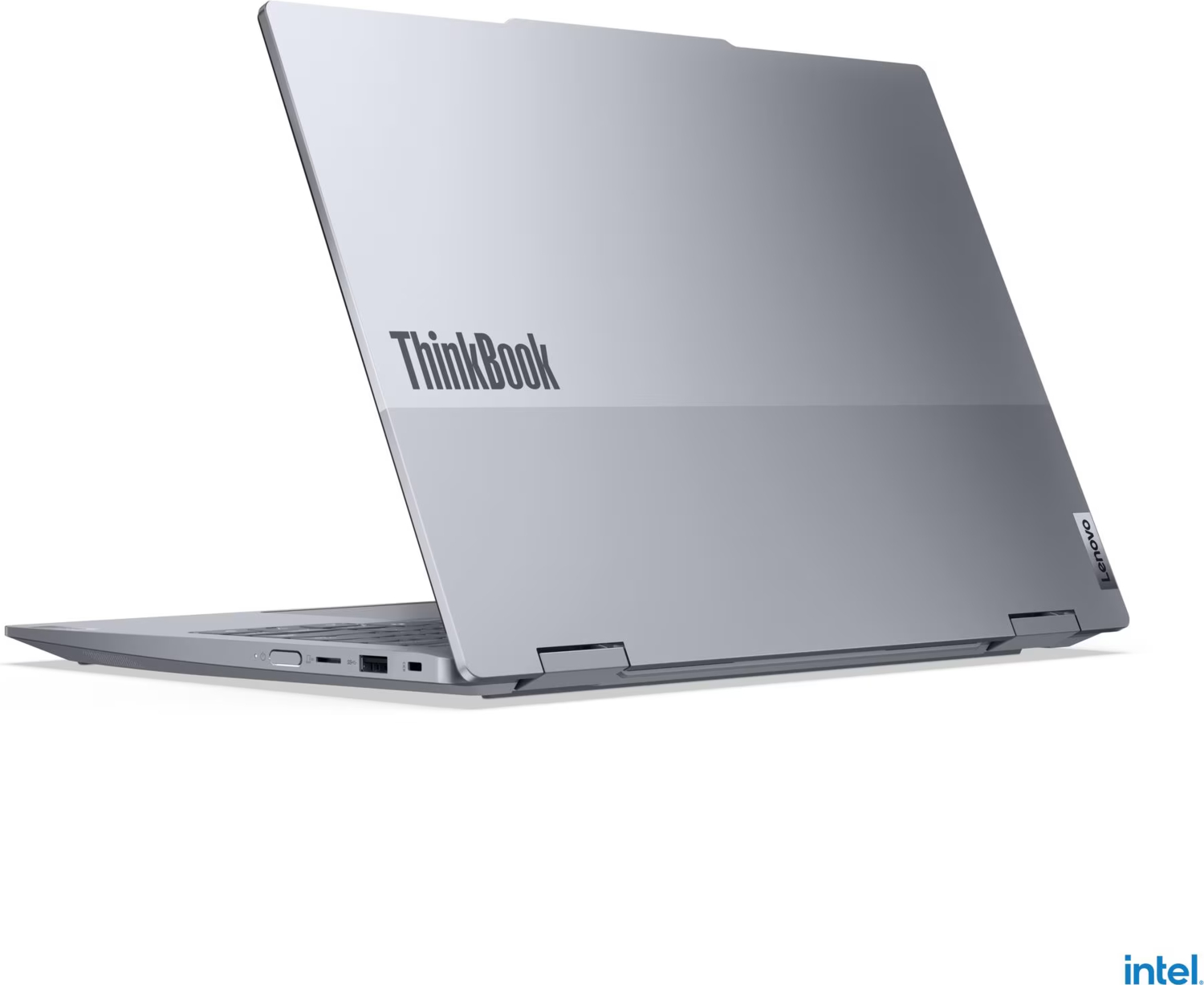 Gri Lenovo ThinkBook dönüştürülebilir dizüstü bilgisayar, arkadan görünüm.