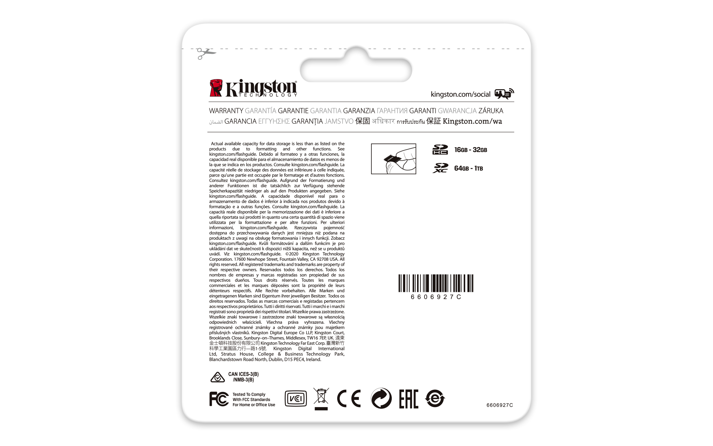 Logo Kingston, info garanzia e specifiche per schede 16-32GB e 64GB-1TB.