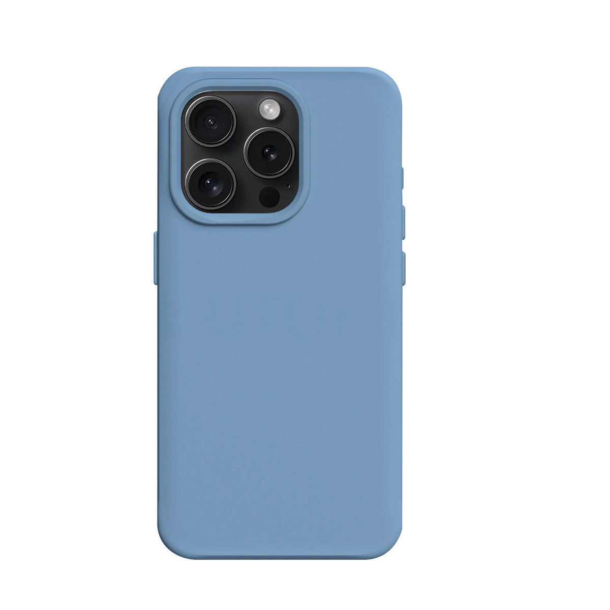 Een blauwe telefoonhoes met een drievoudig cameralenssysteem.