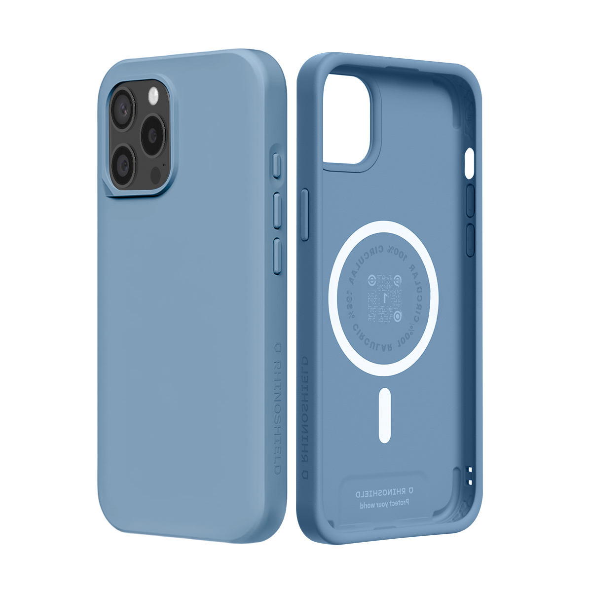 Twee blauwe telefoonhoesjes, één met camera-uitsparingen, de ander de binnenkant.