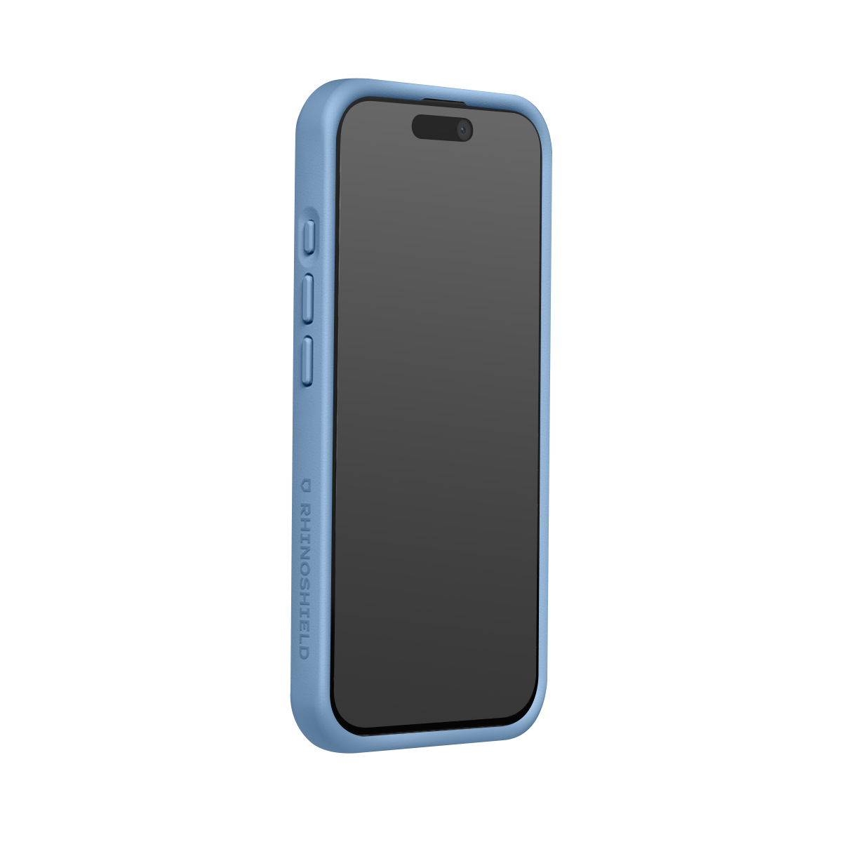 Een blauwe telefoonhoes met zichtbare belettering op witte achtergrond.