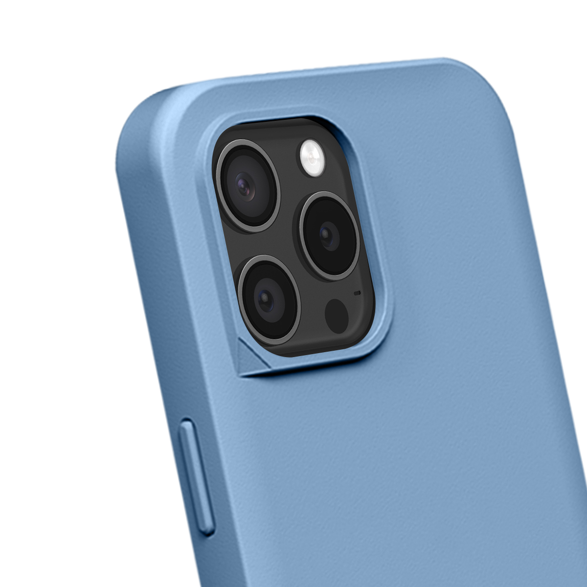 Blauw telefoonhoesje met drievoudige camera en flitser. Close-up.