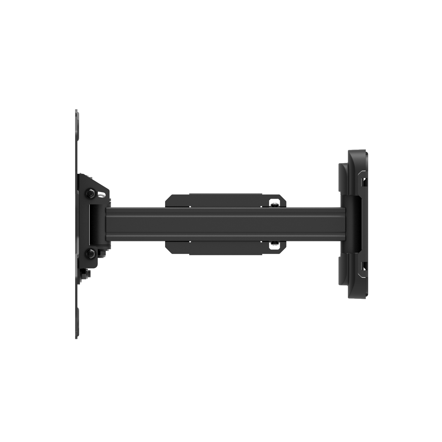 Soporte de pared negro para TV con brazo extensible y articulaciones.