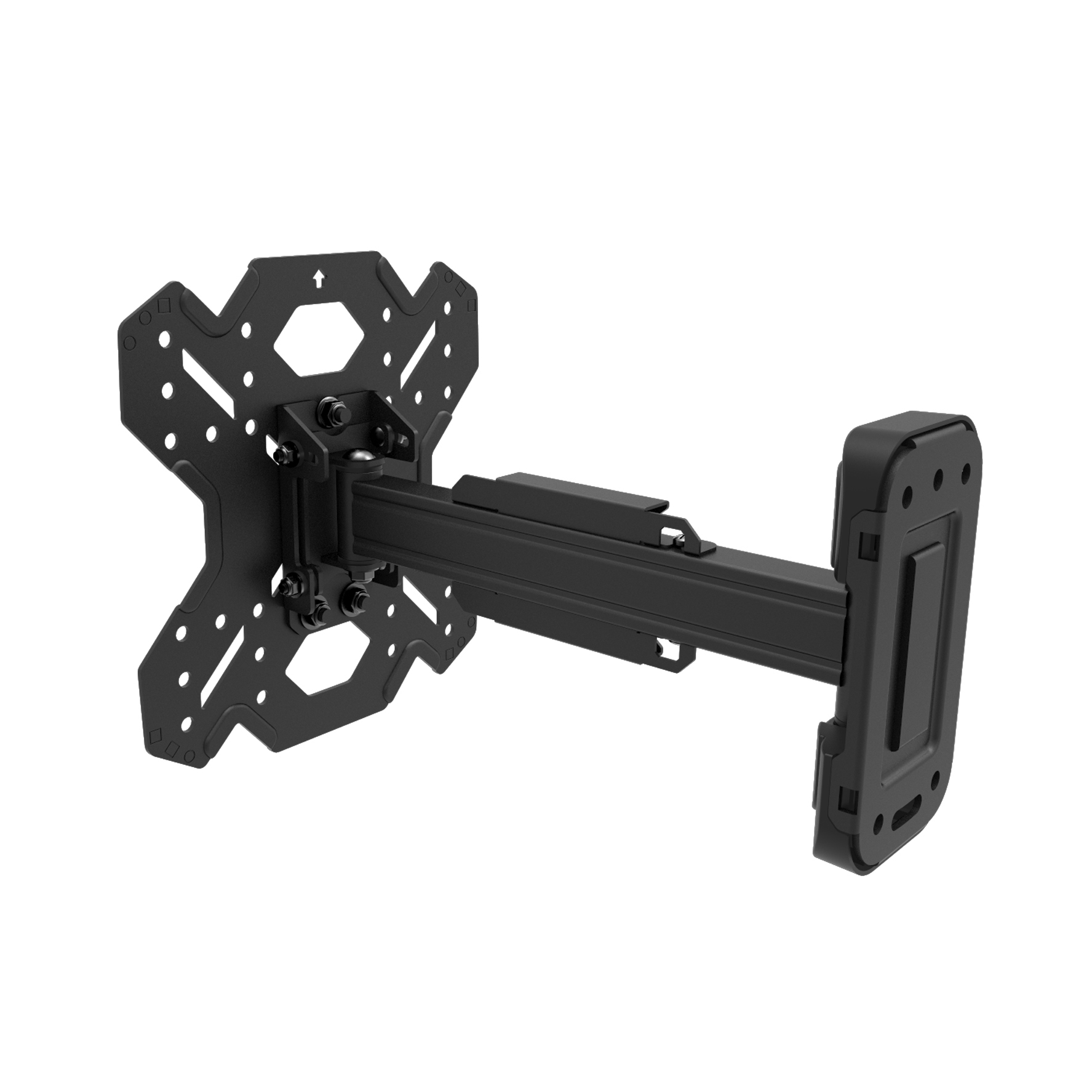 Soporte de pared articulado negro para TV con placa VESA y brazo extensible.