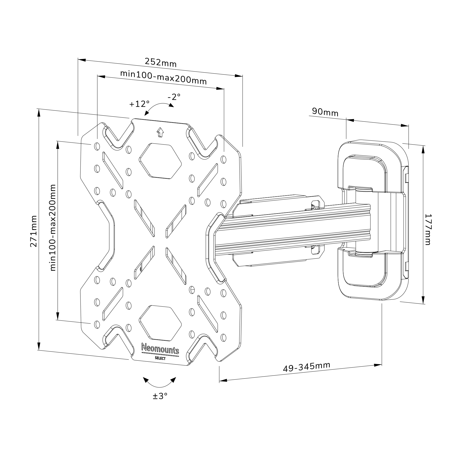 Dibujo técnico de un soporte de pared giratorio con dimensiones y ángulos.