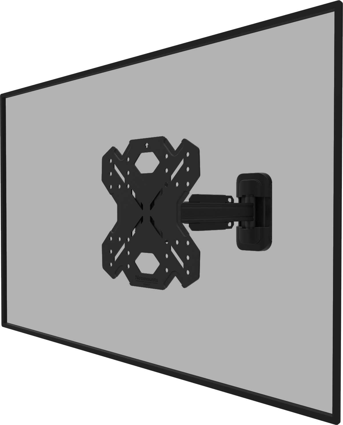 Soporte de pared para TV negro con brazo giratorio en una pantalla gris.
