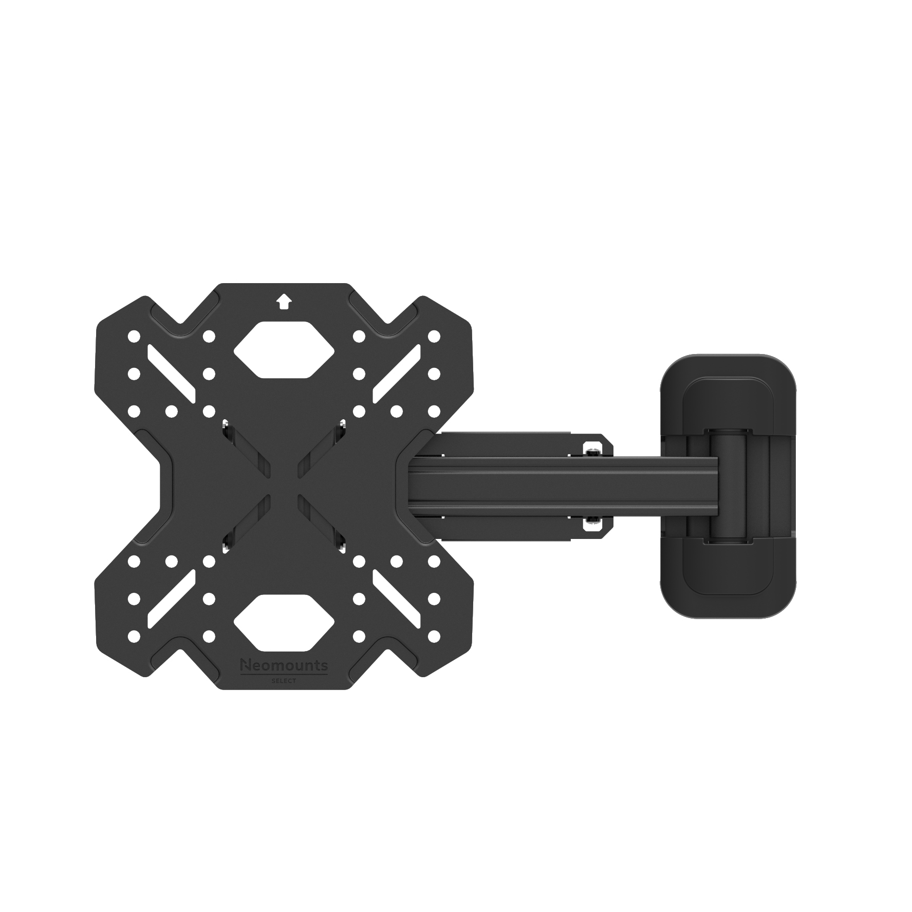 Soporte de pared negro con brazo articulado y placa VESA.