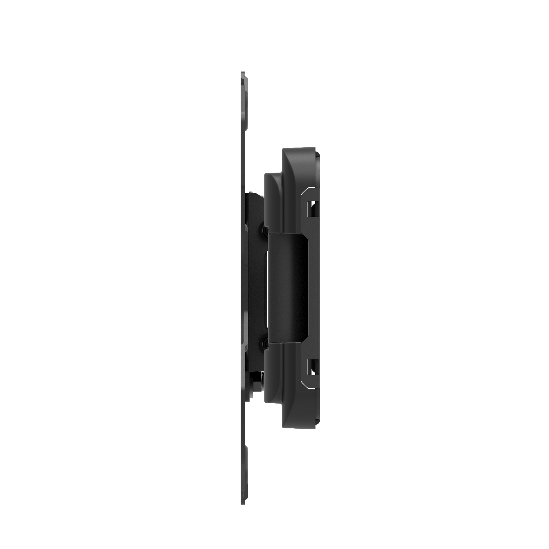 Un adaptador de soporte de monitor negro visto de lado sobre fondo blanco.