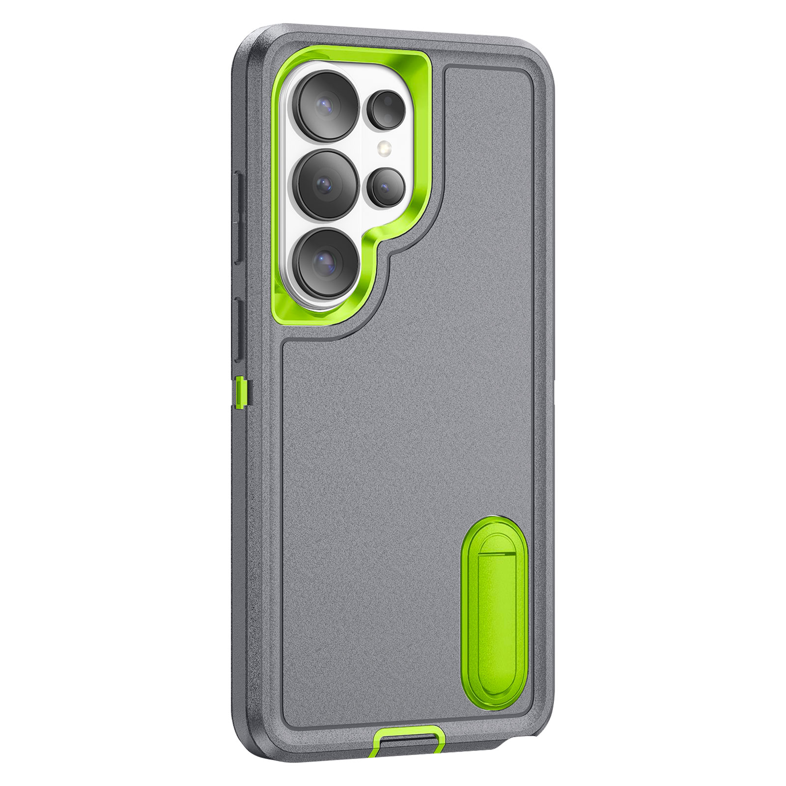 Coque grise avec anneau de caméra vert lime et béquille.