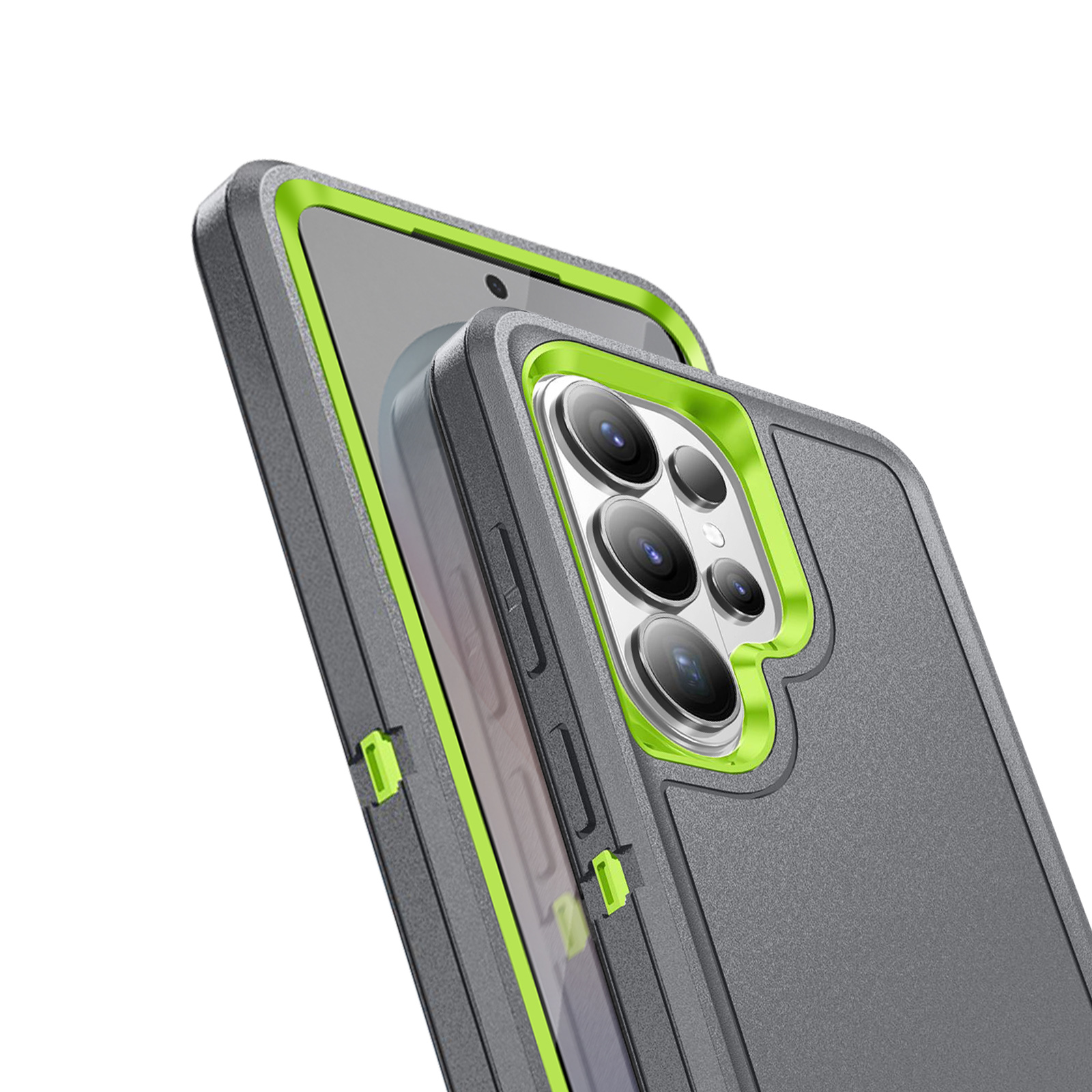 Coque de téléphone grise avec accents vert néon, gros plan de l'appareil photo.