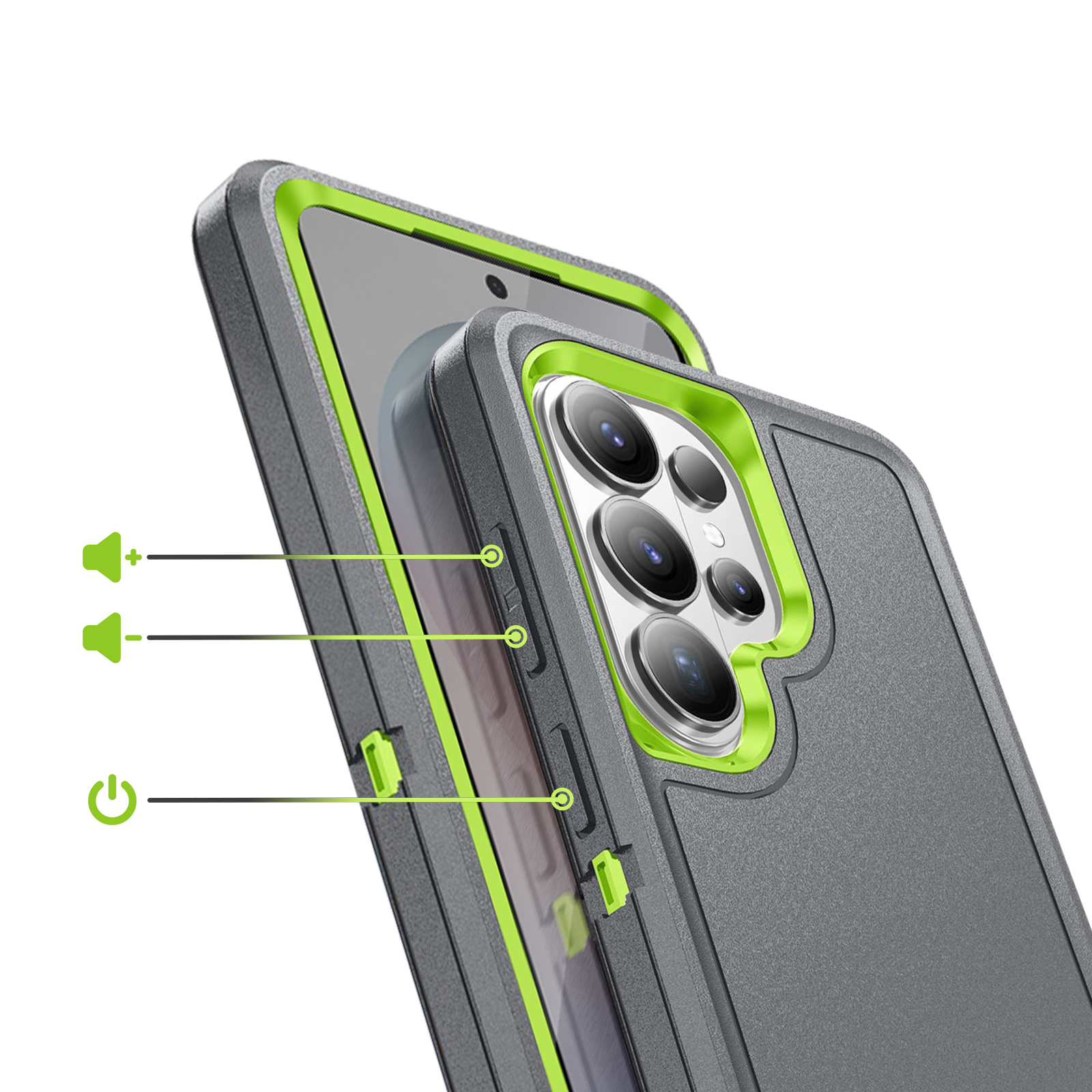 Coque de téléphone grise avec accents vert lime, montrant caméra et boutons.