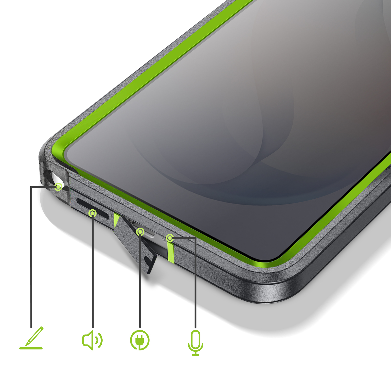 Coque de téléphone avec contour vert montrant les ports pour stylet, volume, charge et micro.
